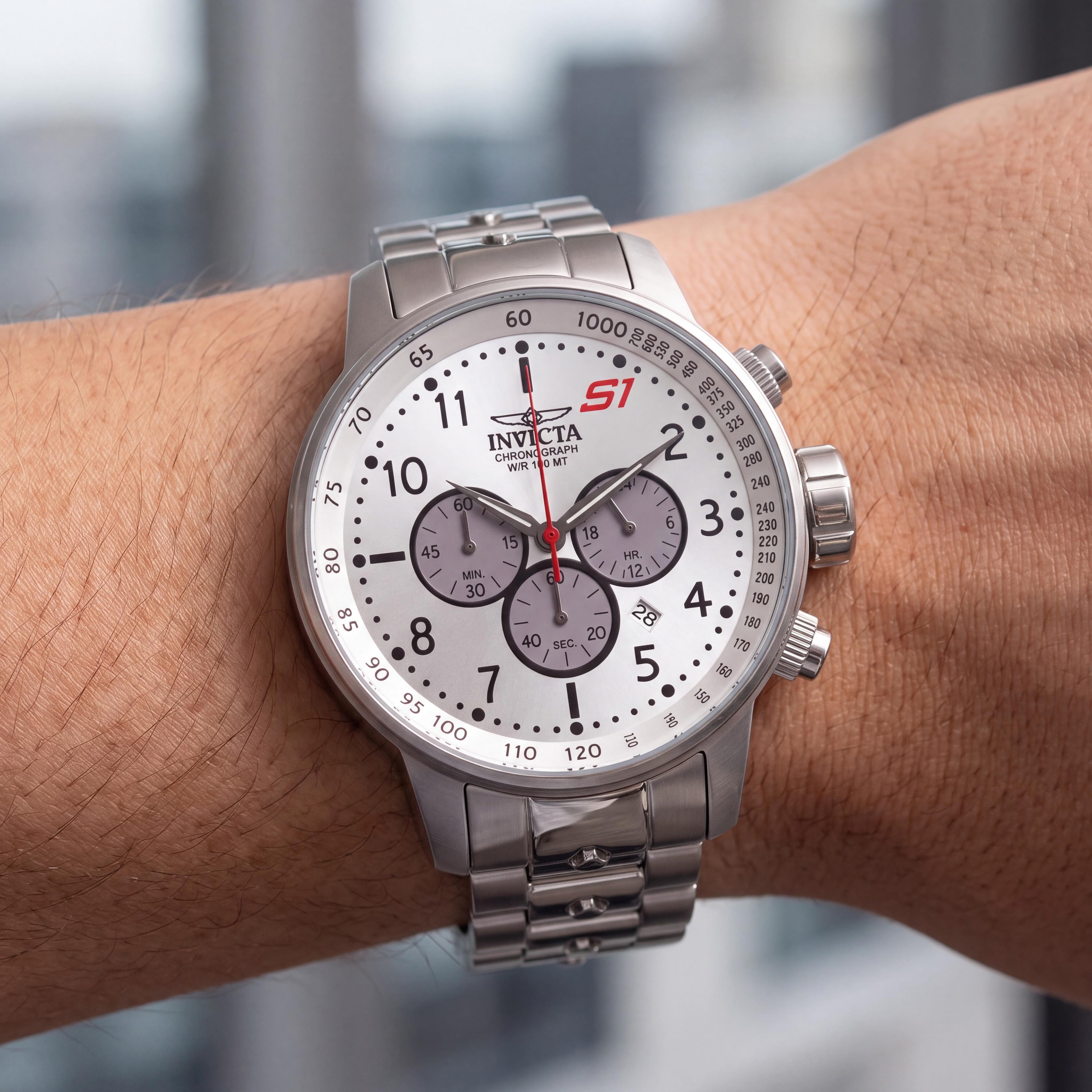 Invicta S1 Rally Unisex Silver Stainless Steel Quartz Chronograph Watch with Tachymeter, 24-Hour Display, Date, 48mm, Photo 4