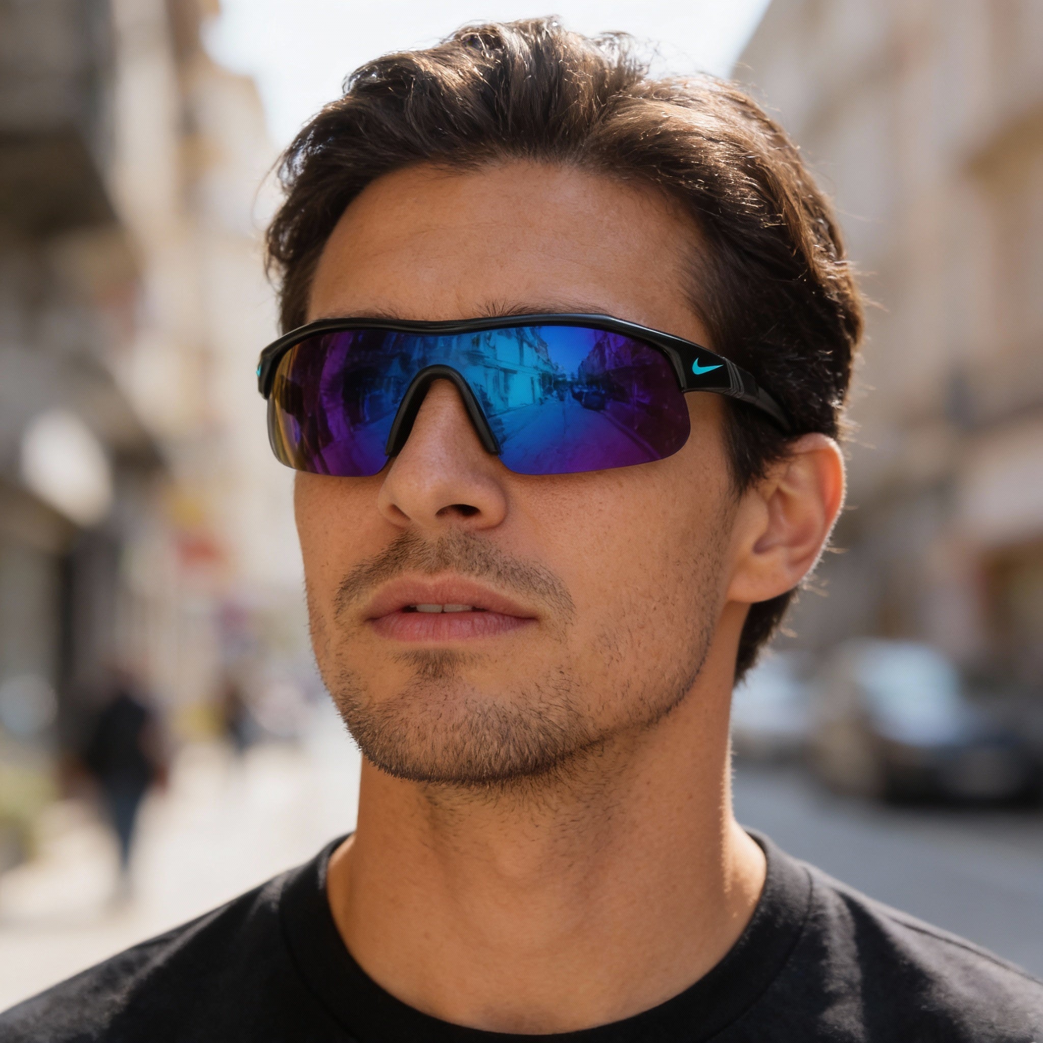 Nike Comtemporary Men's Plastic Frame Sunglasses with UV Protection, Vented Nose Bridge, Black/Blue Mirror, Photo 6