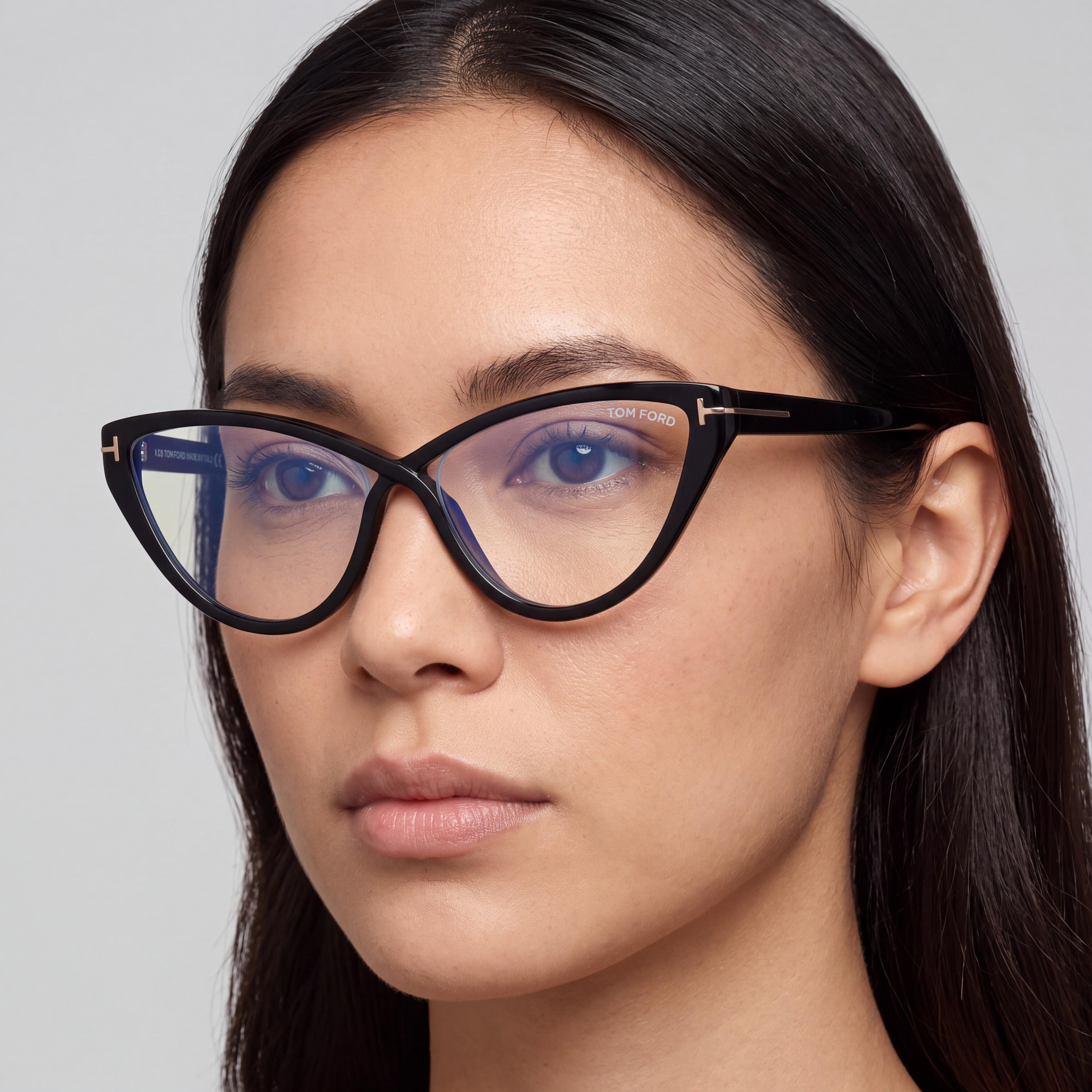 Tom Ford FT5729-B Women's Cat Eye Plastic Blue-Light Block Eyeglasses Shiny Black 56mm, Photo 4