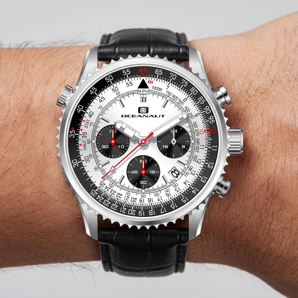 Reloj cronógrafo de cuarzo de acero inoxidable para hombre con correa Oceanaut, esfera plateada, correa de piel, resistente al agua 10 ATM