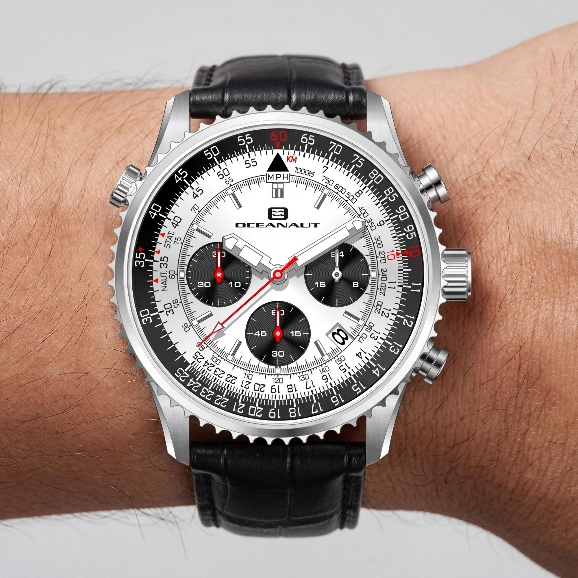 Reloj cronógrafo de cuarzo de acero inoxidable para hombre con correa Oceanaut, esfera plateada, correa de piel, resistente al agua 10 ATM, Photo 3
