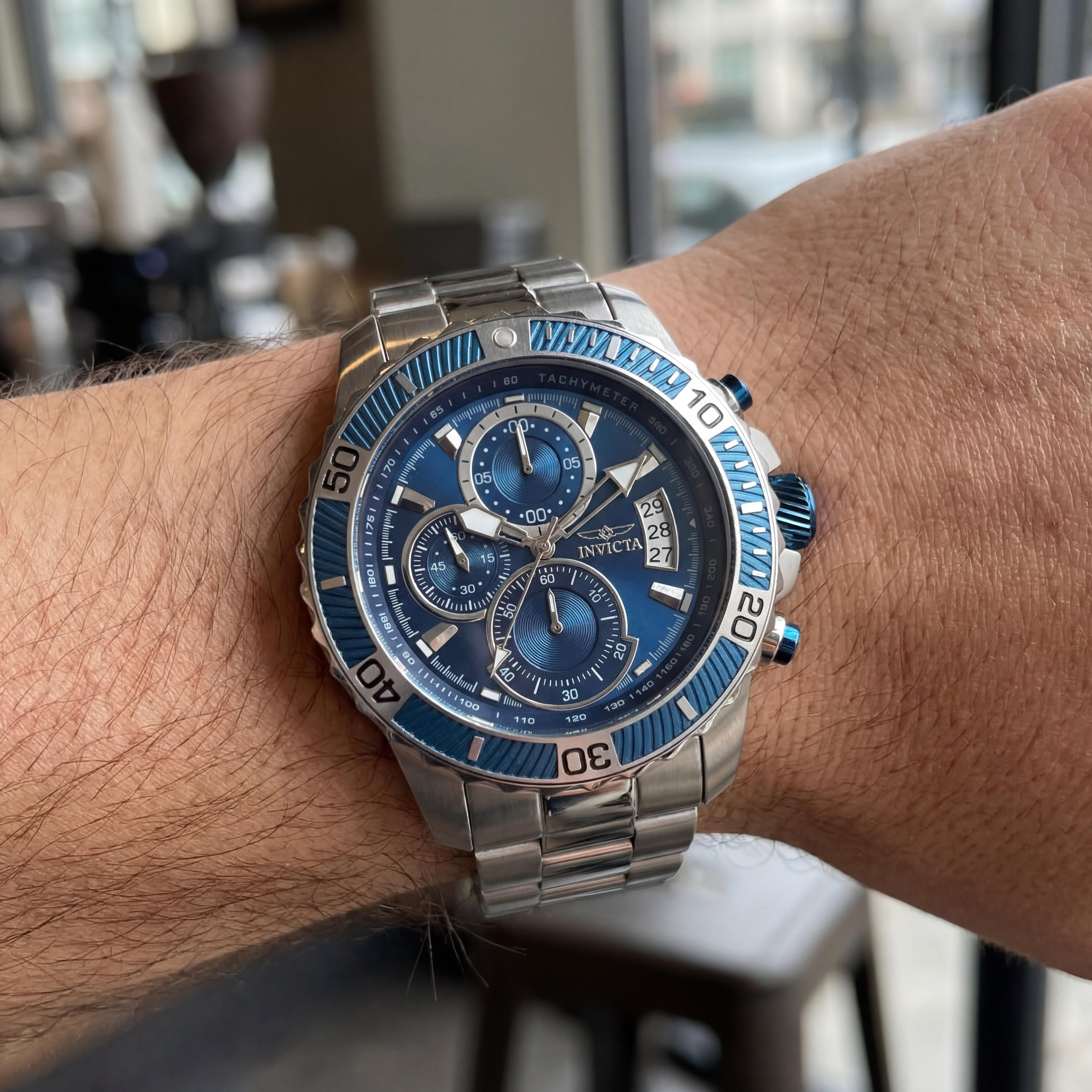 Invicta Pro Diver Men's 45mm Blue Dial Stainless Steel Chronograph Tachymeter 100m Water Resistant Watch, Photo 3