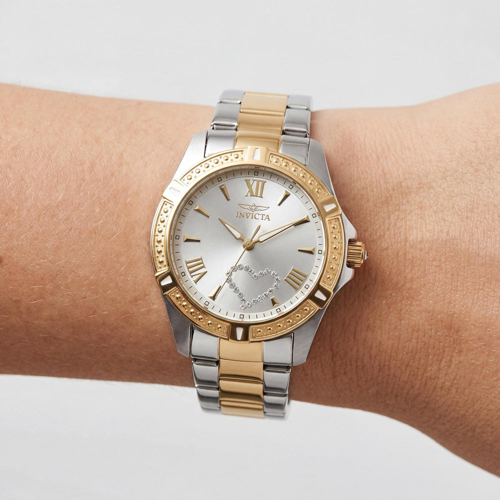 Reloj Invicta Angel para mujer, de acero inoxidable chapado en oro amarillo de dos tonos, esfera plateada luminosa, 35 mm