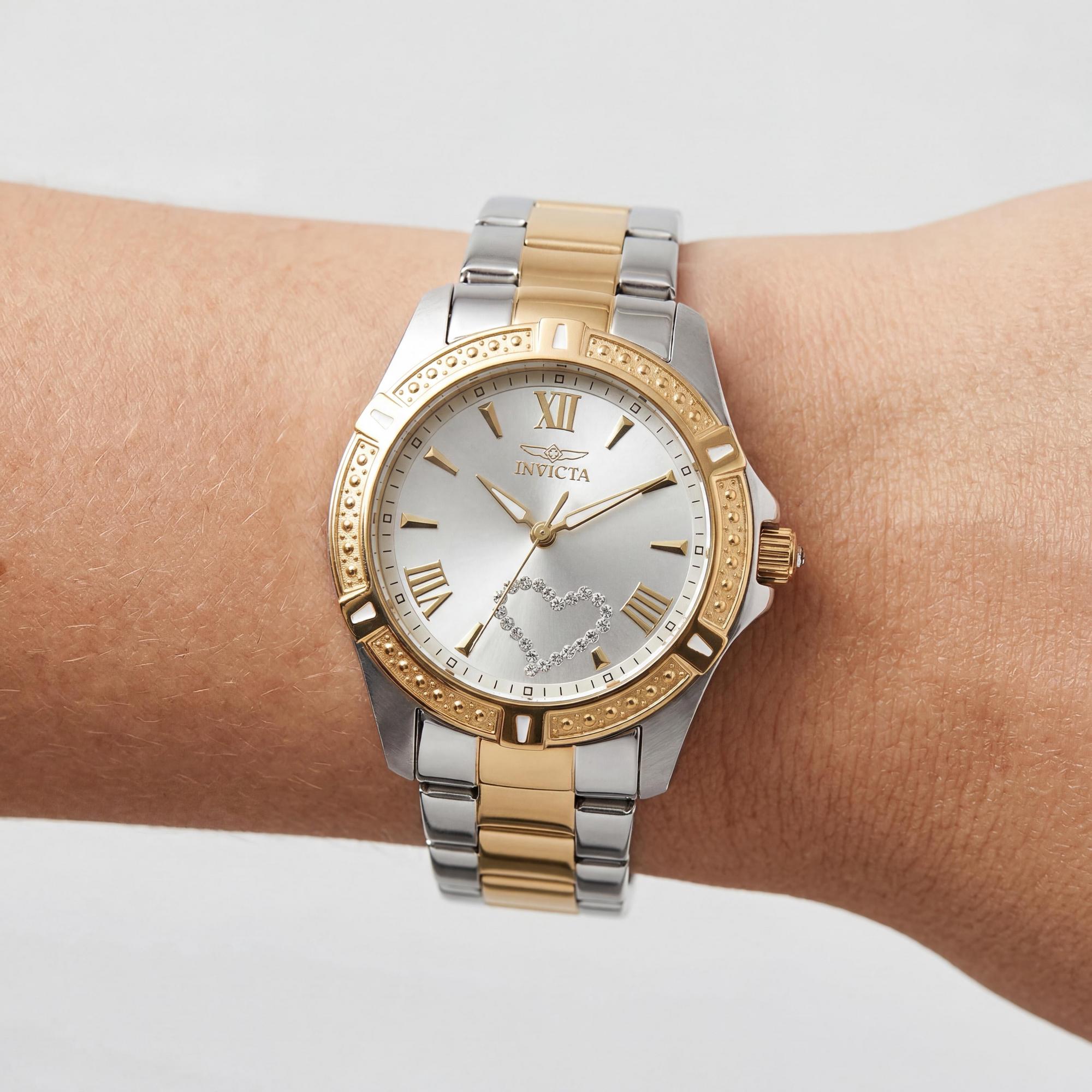 Reloj Invicta Angel para mujer, de acero inoxidable chapado en oro amarillo de dos tonos, esfera plateada luminosa, 35 mm, Photo 3