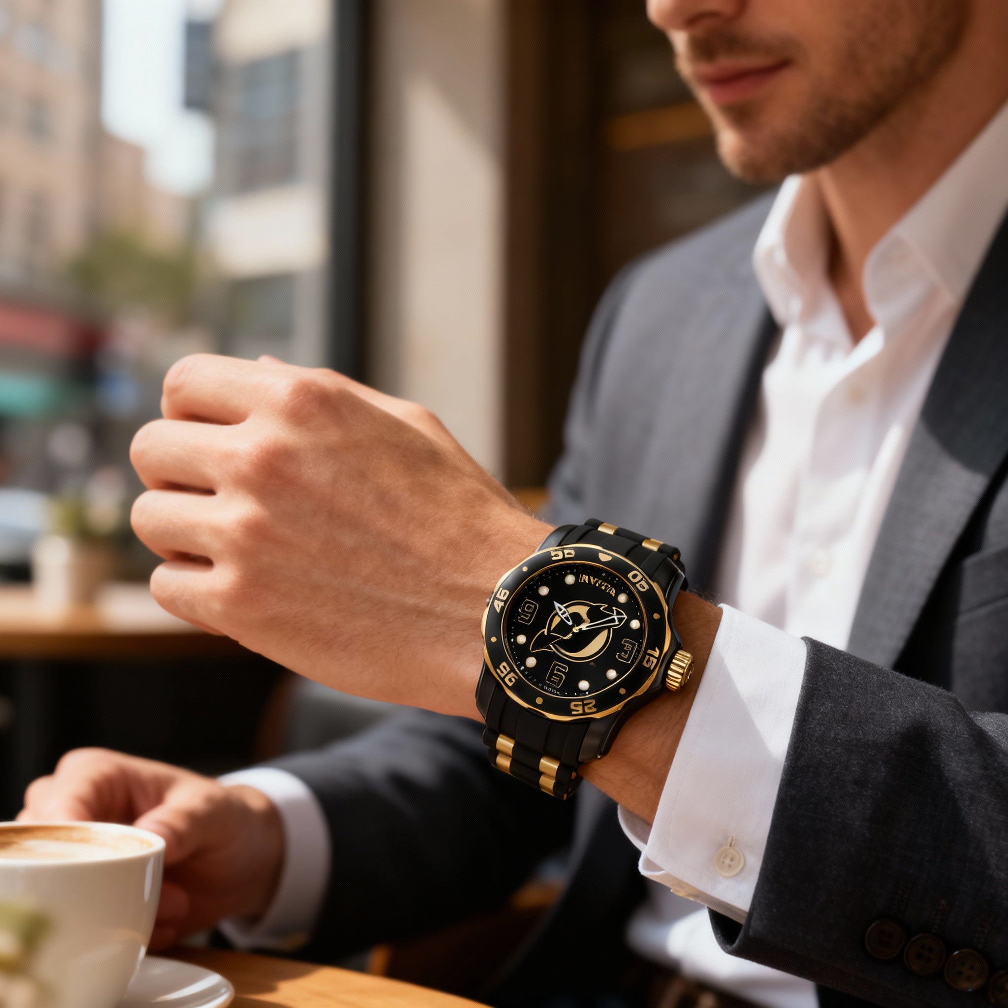 Invicta Men's 42310 NHL New Jersey Devils Quartz Watch, Black & Gold Stainless Steel Silicone, 48mm, Photo 5