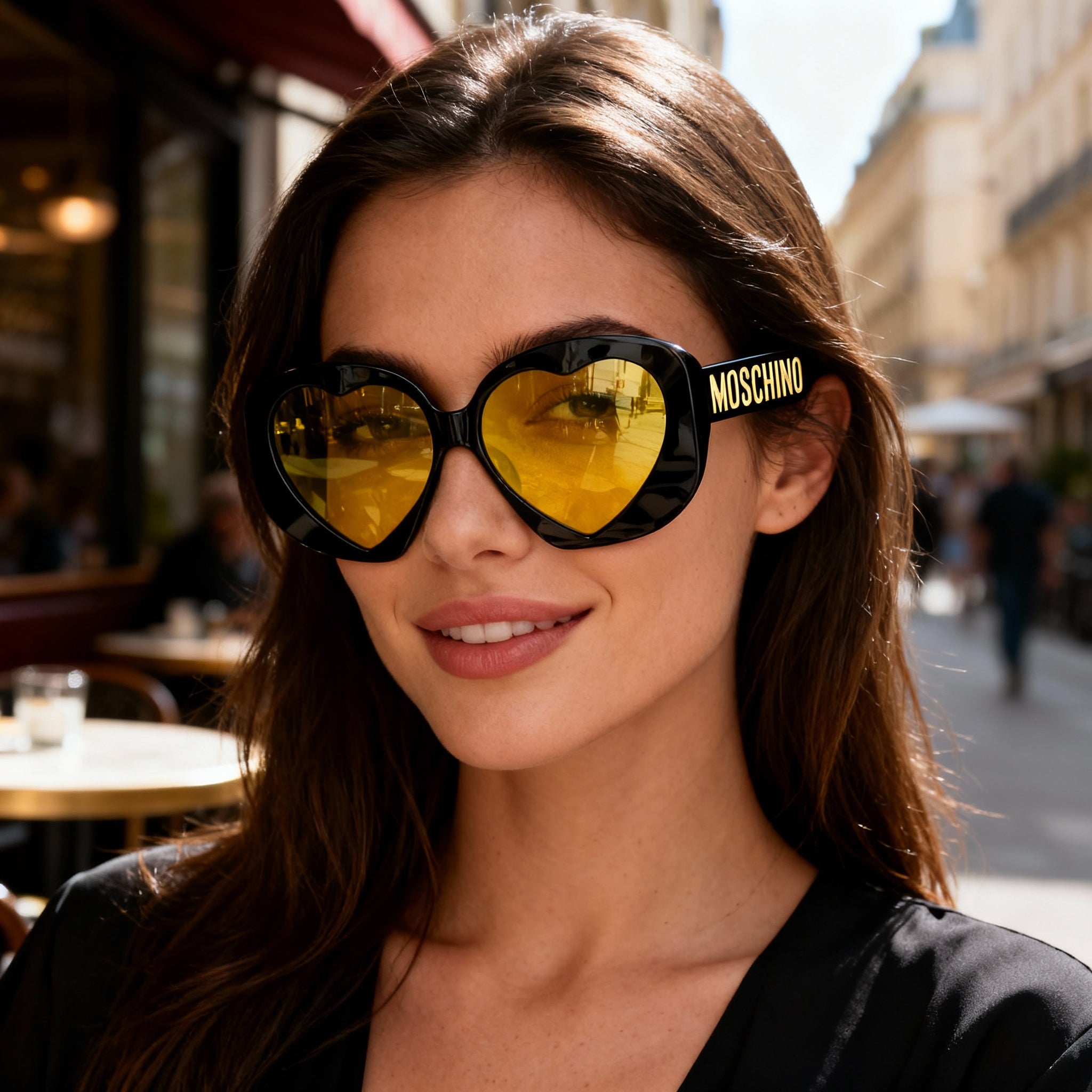 Moschino Casual Women's Heart Shape Acetate Sunglasses with Black Brown Frame & Brown Yellow Multilayer Lenses, 61mm, Photo 4