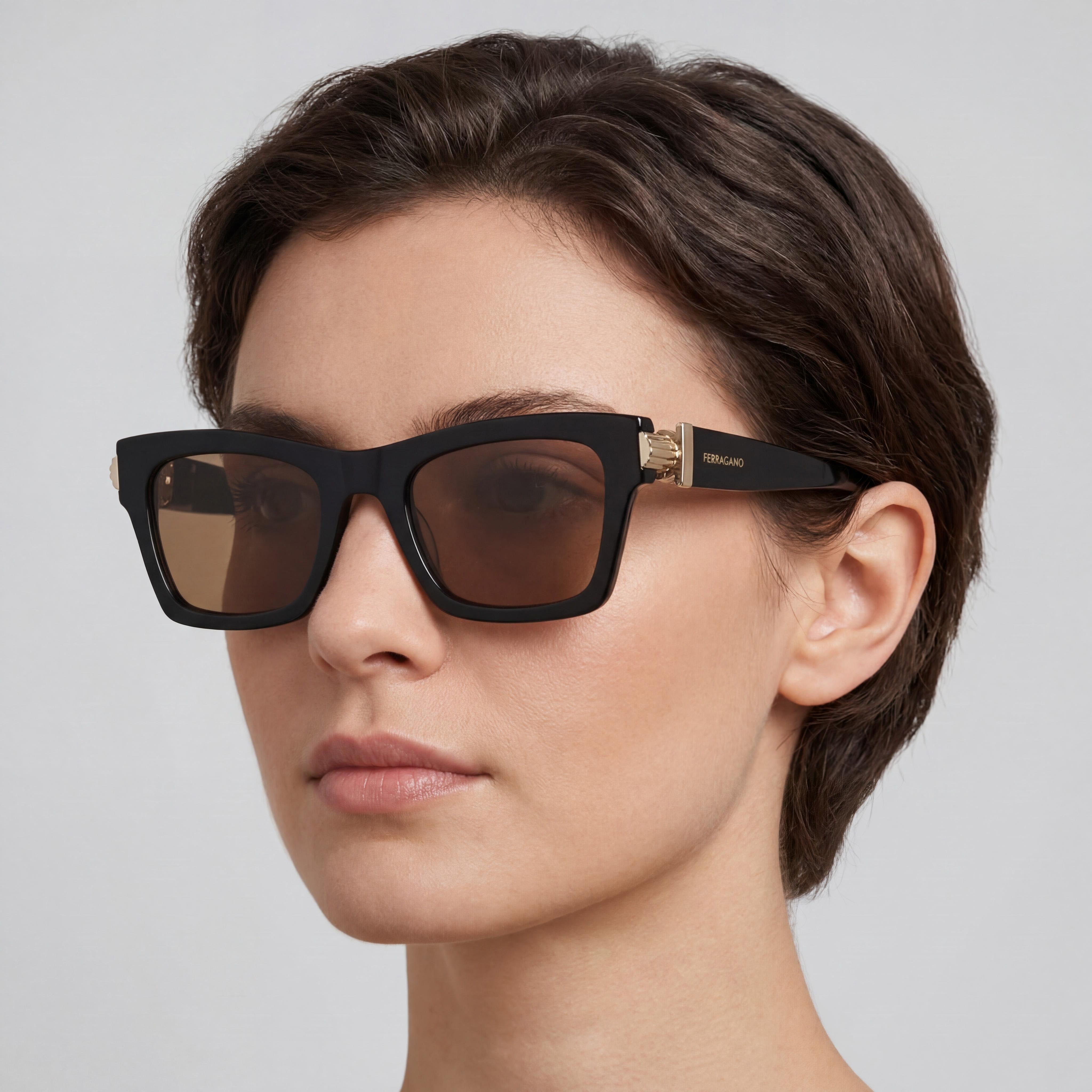 Gafas de sol Ferragamo Sf2013s para mujer, montura de acetato negro y dorado, lentes marrones, protección UV, 52 mm, Photo 5