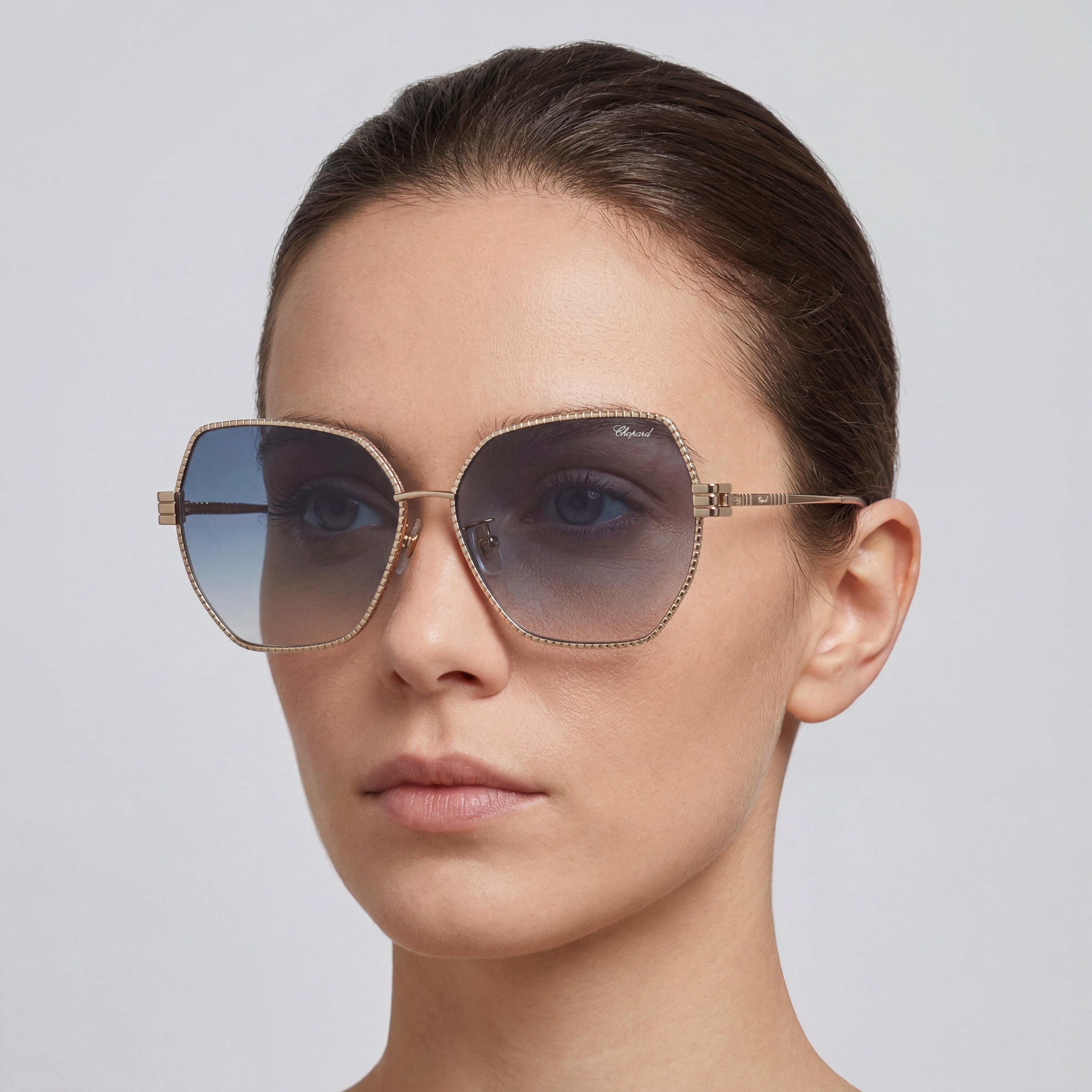 Chopard Schl28m Sunglasses for Women, Shiny Camel Titanium Frame with Blue Gradient Blue Lenses, 59mm, Photo 5