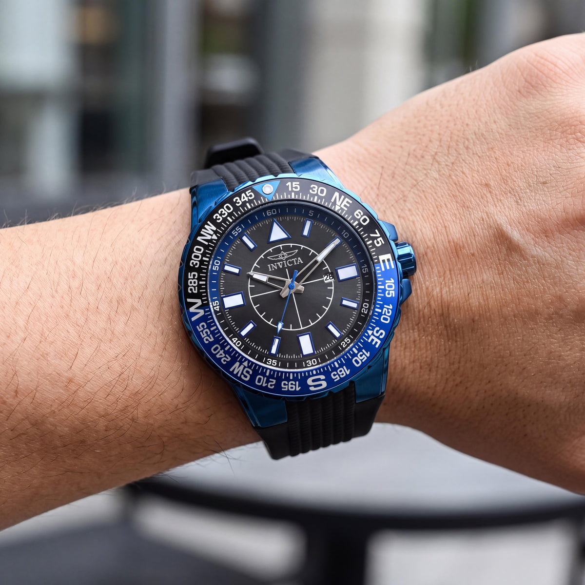 Invicta Aviator 19269 Men's 52mm Blue Ion-Plated Stainless Steel Black Dial Quartz Compass Watch with Black Silicone Strap, Photo 4