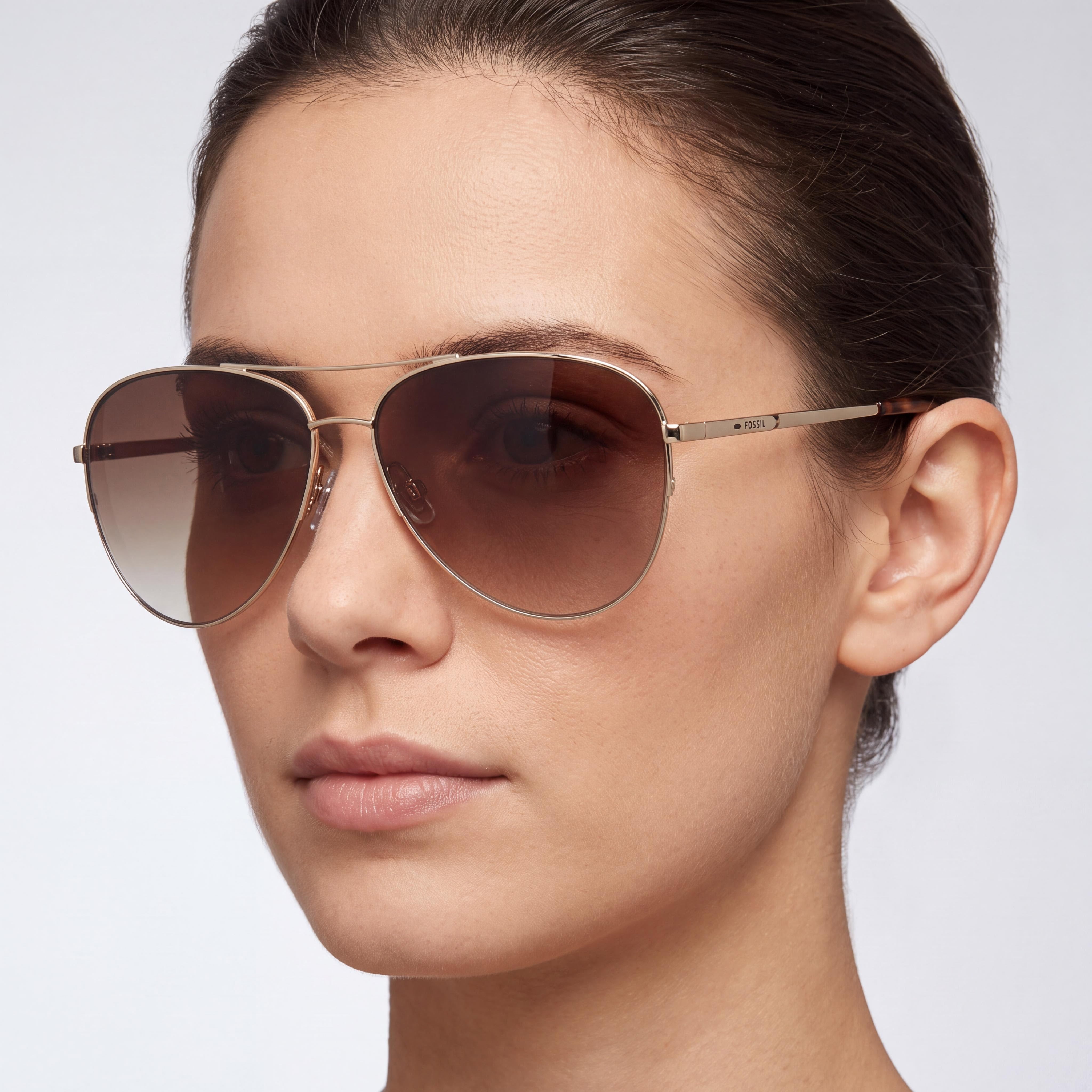 Fossil Women's Pilot Sunglass Stainless Steel Gold Brown Havana Polycarbonate UV Protection 58mm, Photo 5