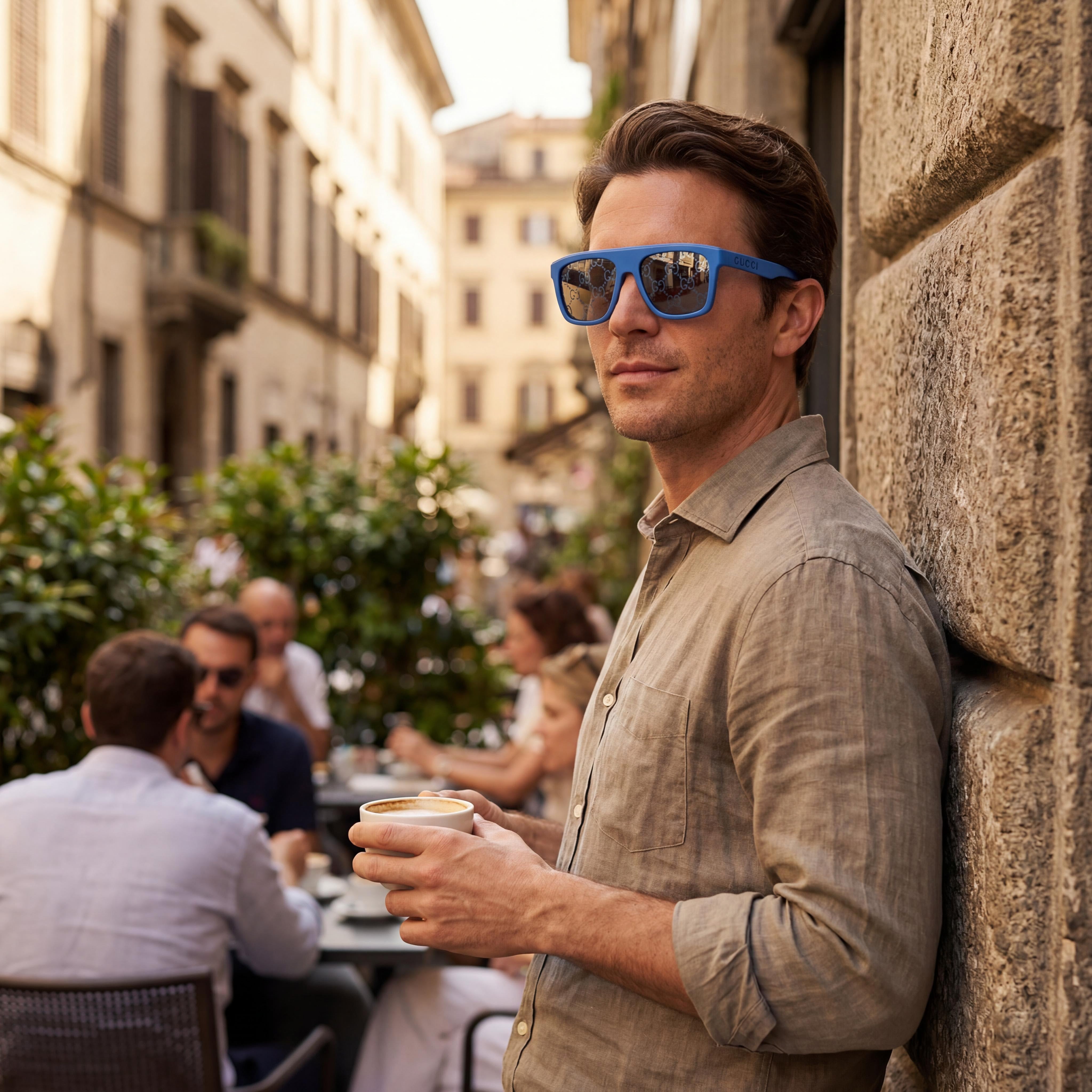 Gafas de sol Gucci para hombre, montura cuadrada/rectangular de plástico azul, lentes de plástico azul macizo no polarizadas de 57 mm, Photo 3