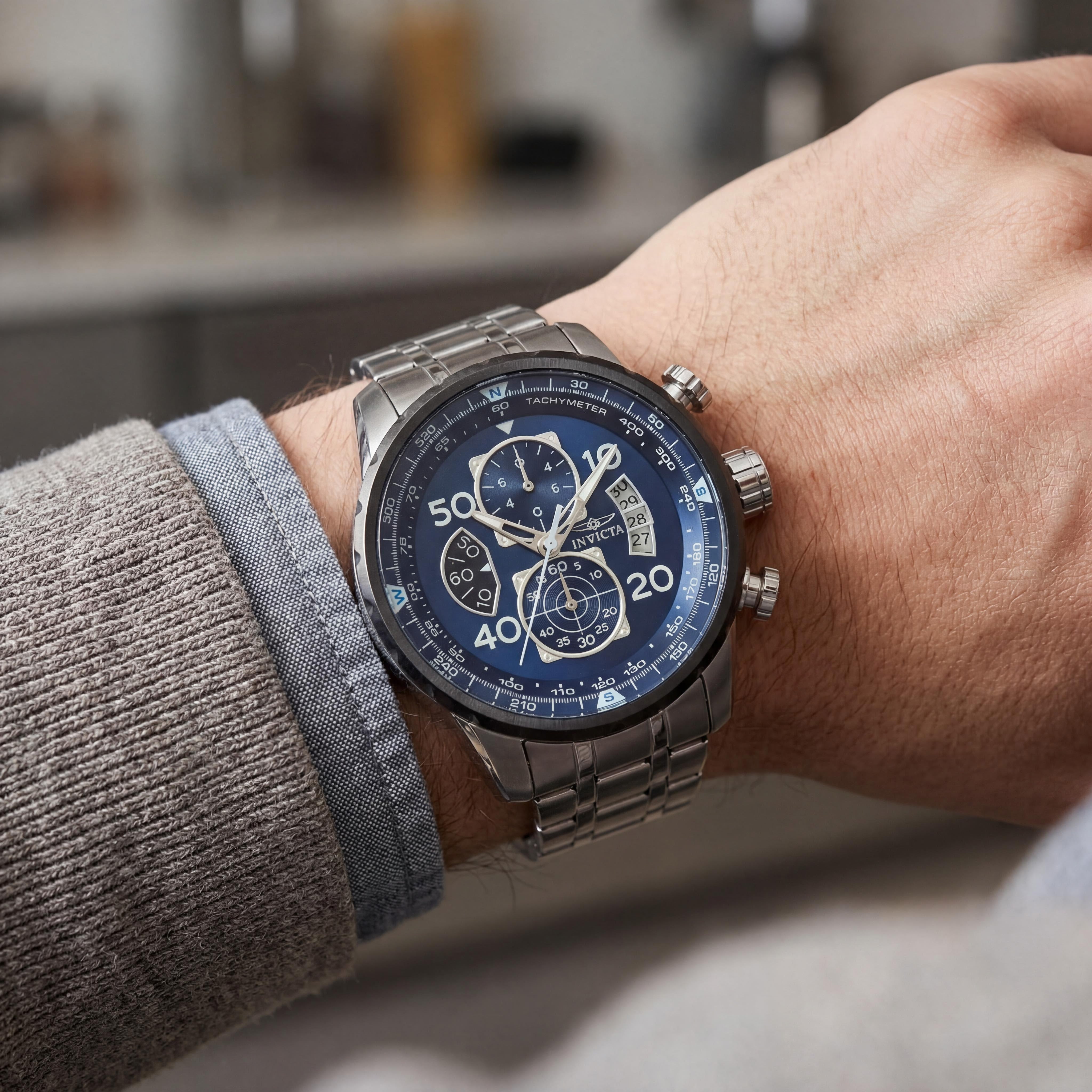 Invicta Men's Aviator 22970 Quartz Chronograph Stainless Steel Blue Dial 48mm Water Resistant Watch, Photo 4