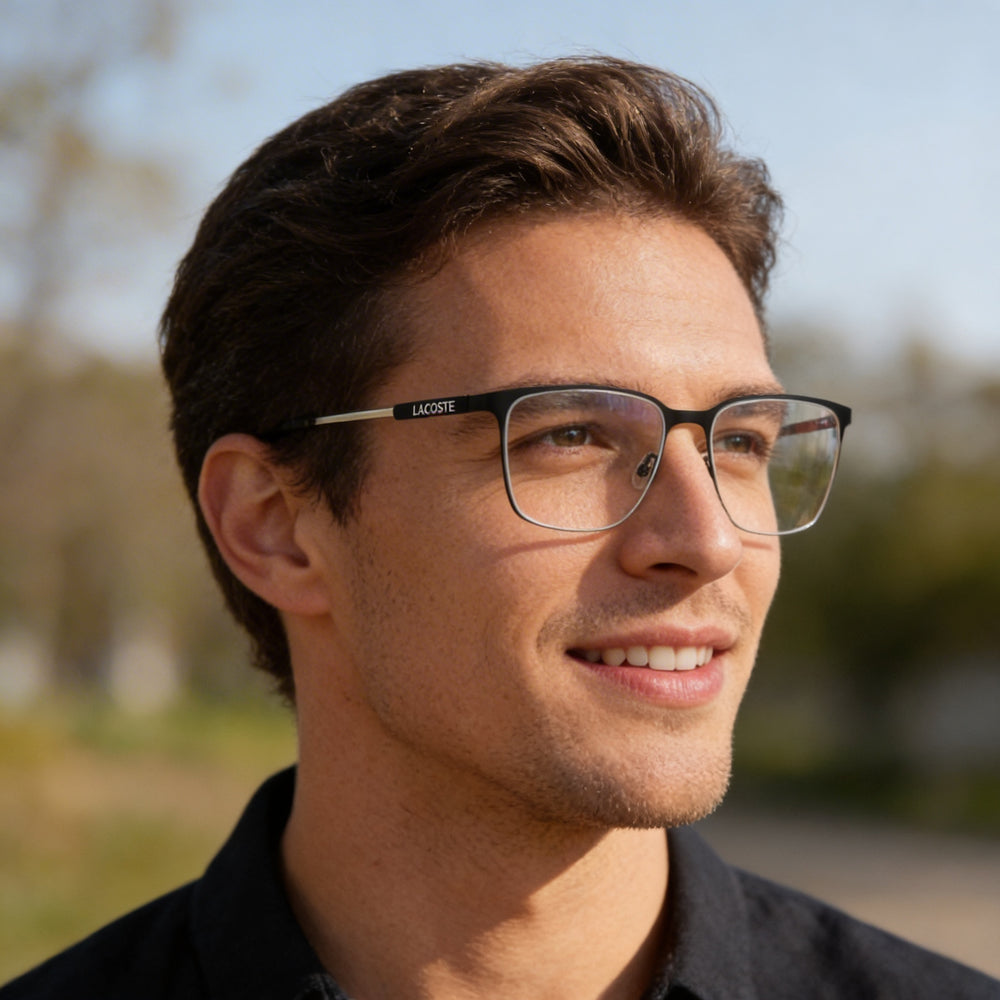 Gafas oftálmicas casuales Lacoste para hombre, color negro mate, con lentes de plástico transparente 55-18-145
