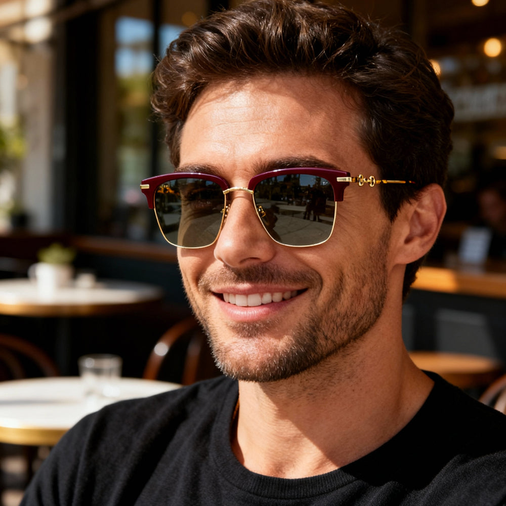 Gucci Men's Square/Rectangle Plastic Frame Sunglasses Burgundy Gold Green UV Protected 56-18-145