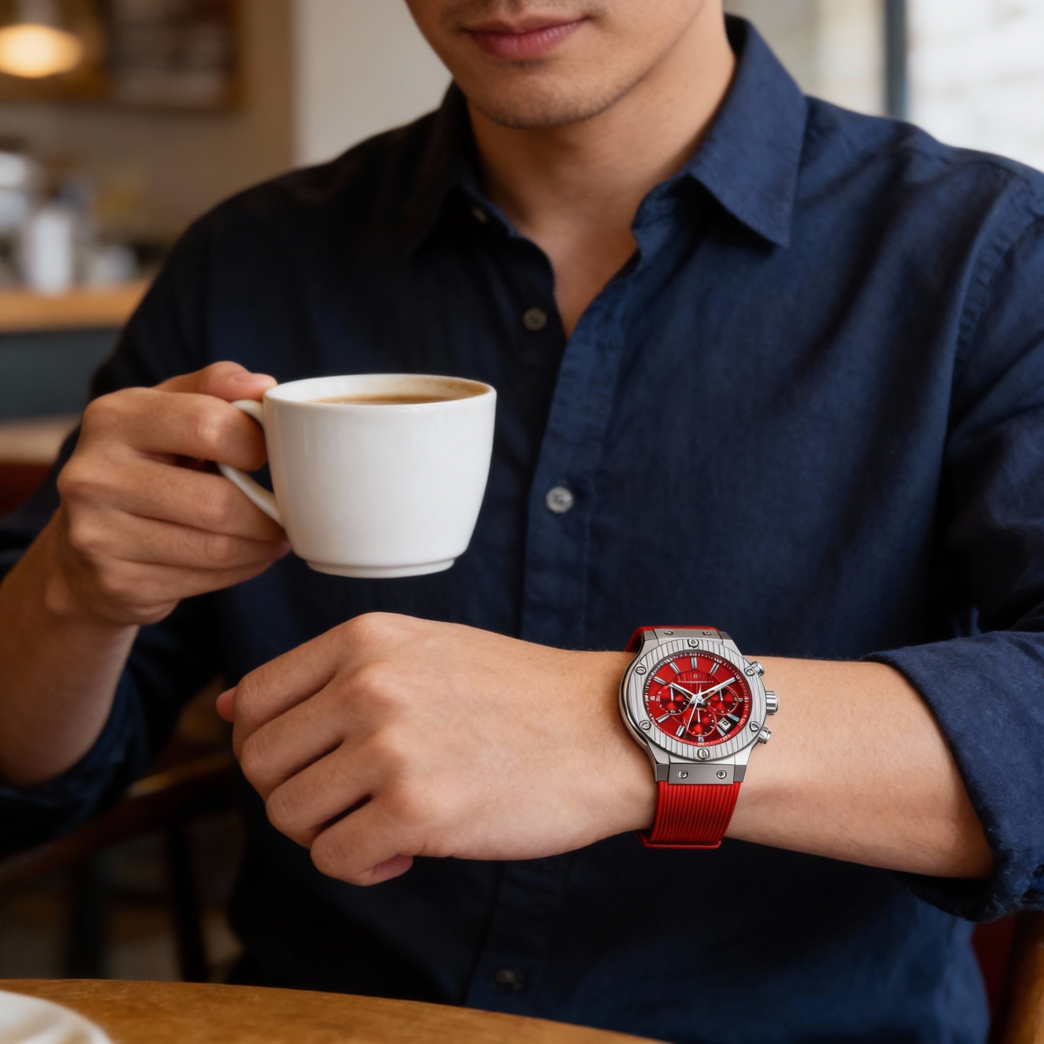 Christian Van Sant strap Men's Red Rubber Strap Stainless Steel Case Water Resistant 50M Scratch Resistant Mineral Quartz Watch, Photo 4