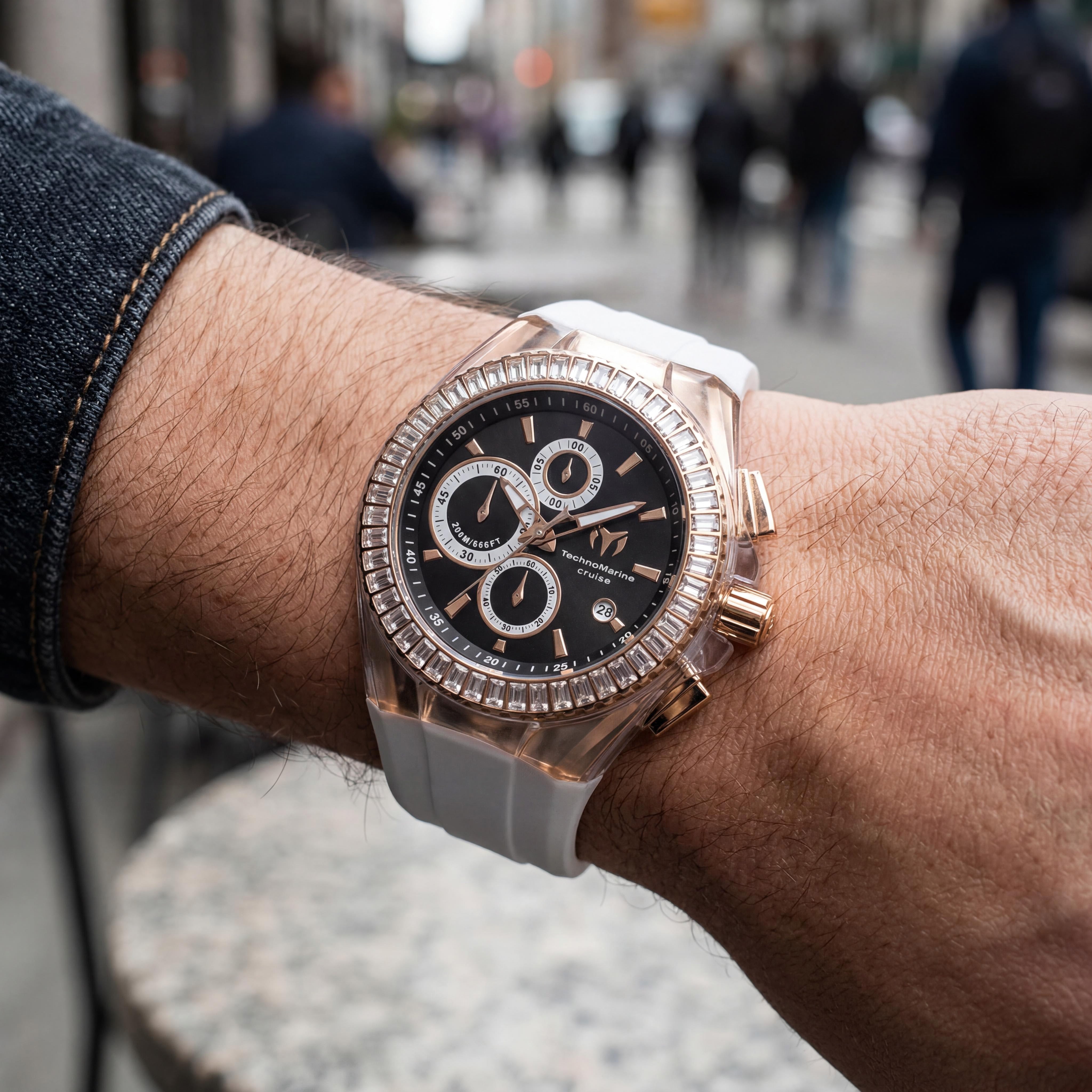 Reloj TechnoMarine japonés para hombre, de 45 mm, acero inoxidable tono oro rosa, silicona blanca, que brilla en la oscuridad, Photo 4