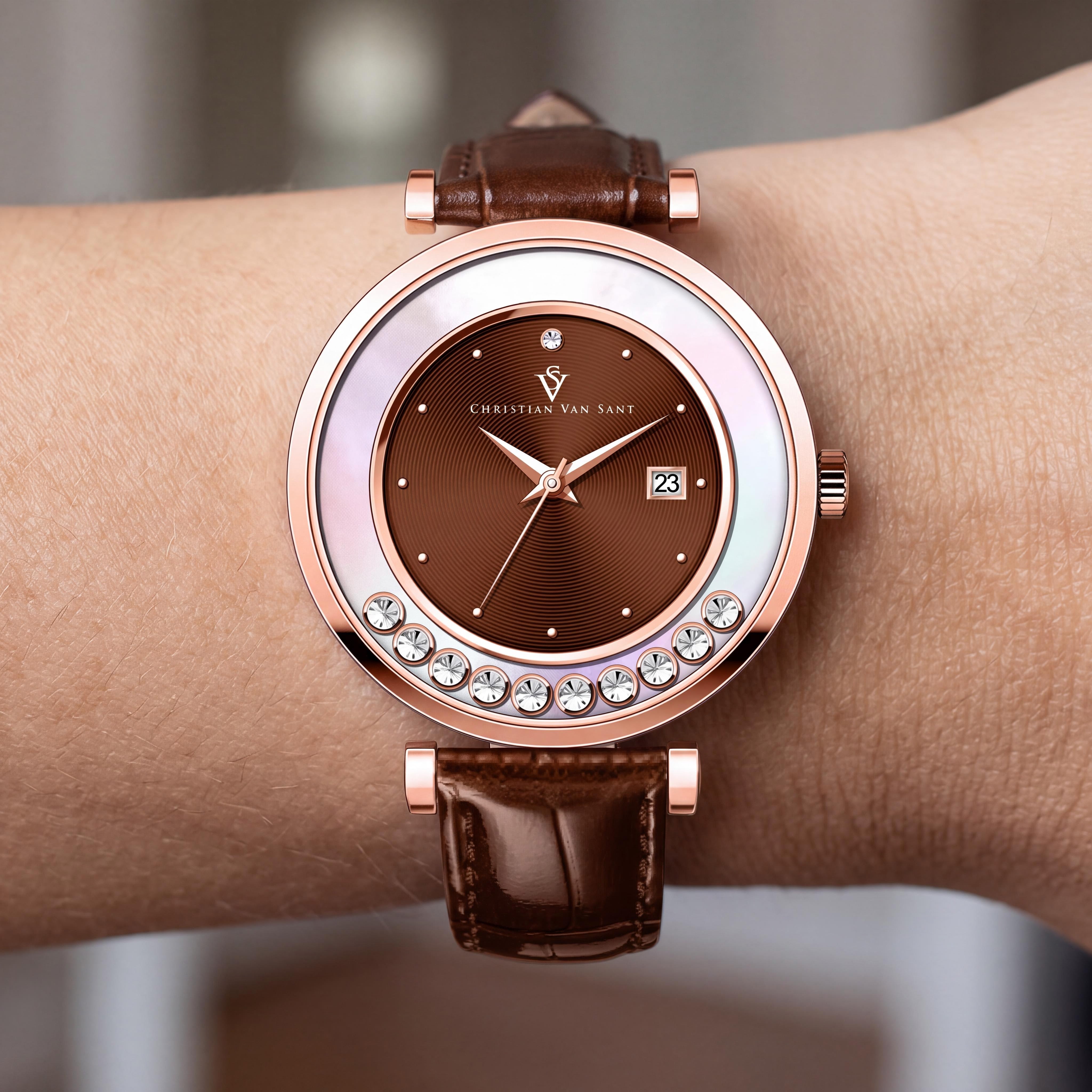 Christian Van Sant CV3817 Modern Women's Brown Stainless Steel Leather Quartz Movement Water Resistant Watch, Photo 4