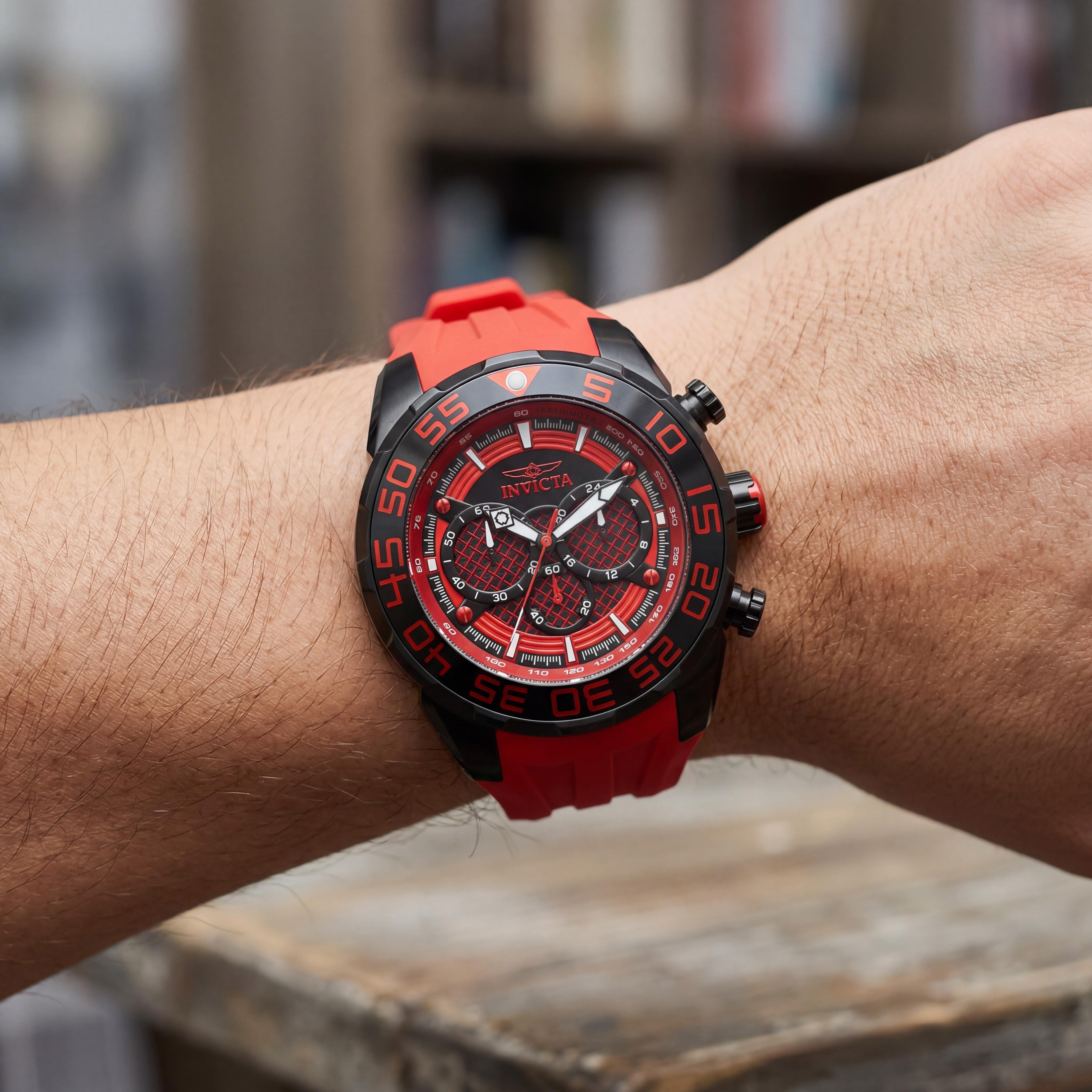 Invicta Speedway Men's Sport Chronograph Quartz Red Case, Red Silicone Strap, Black Dial 50mm Watch, Photo 4