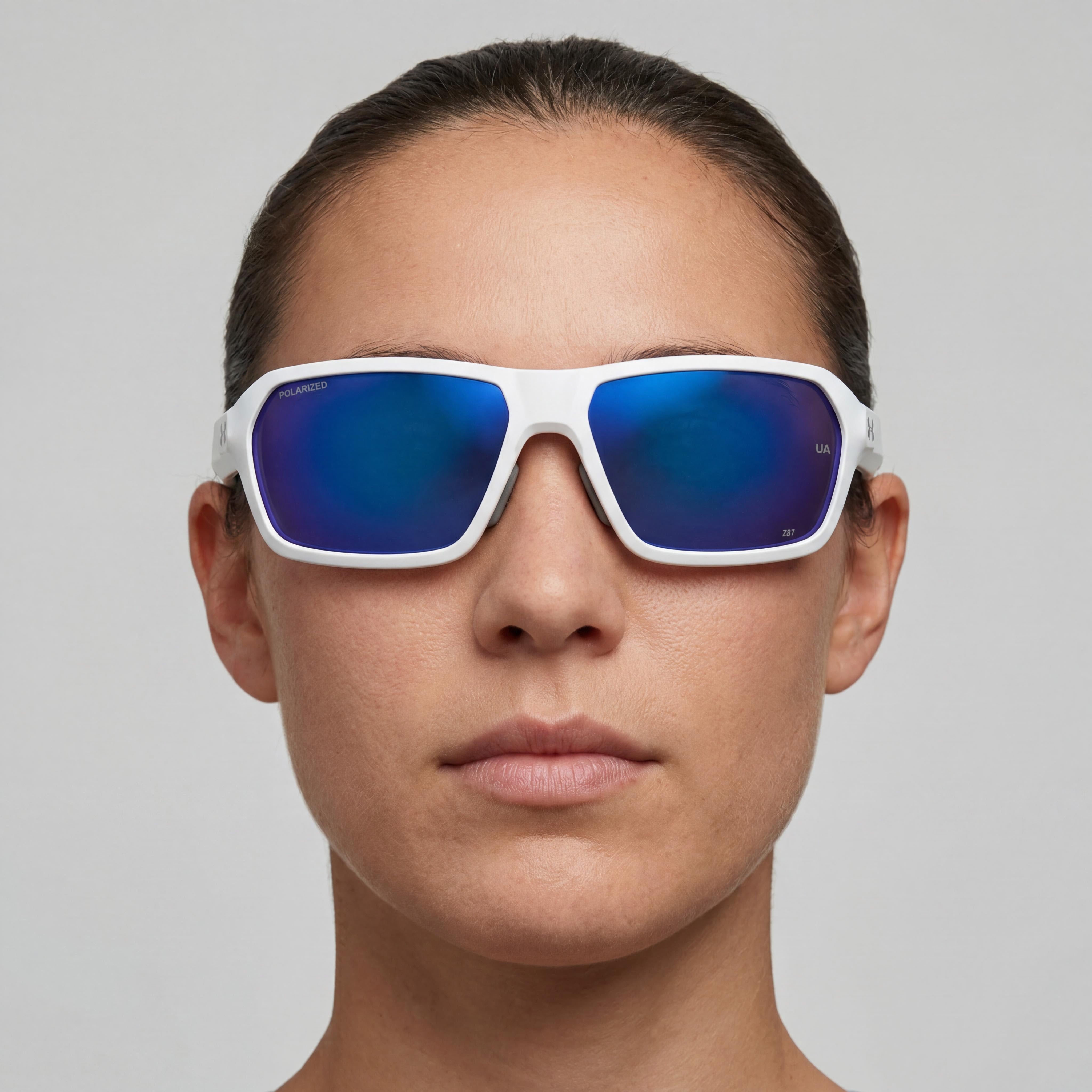 Gafas de sol unisex Under Armour UA Recon Square de acero inoxidable con protección UV, no polarizadas, blancas mate y azules, espejadas, 64 mm, Photo 5