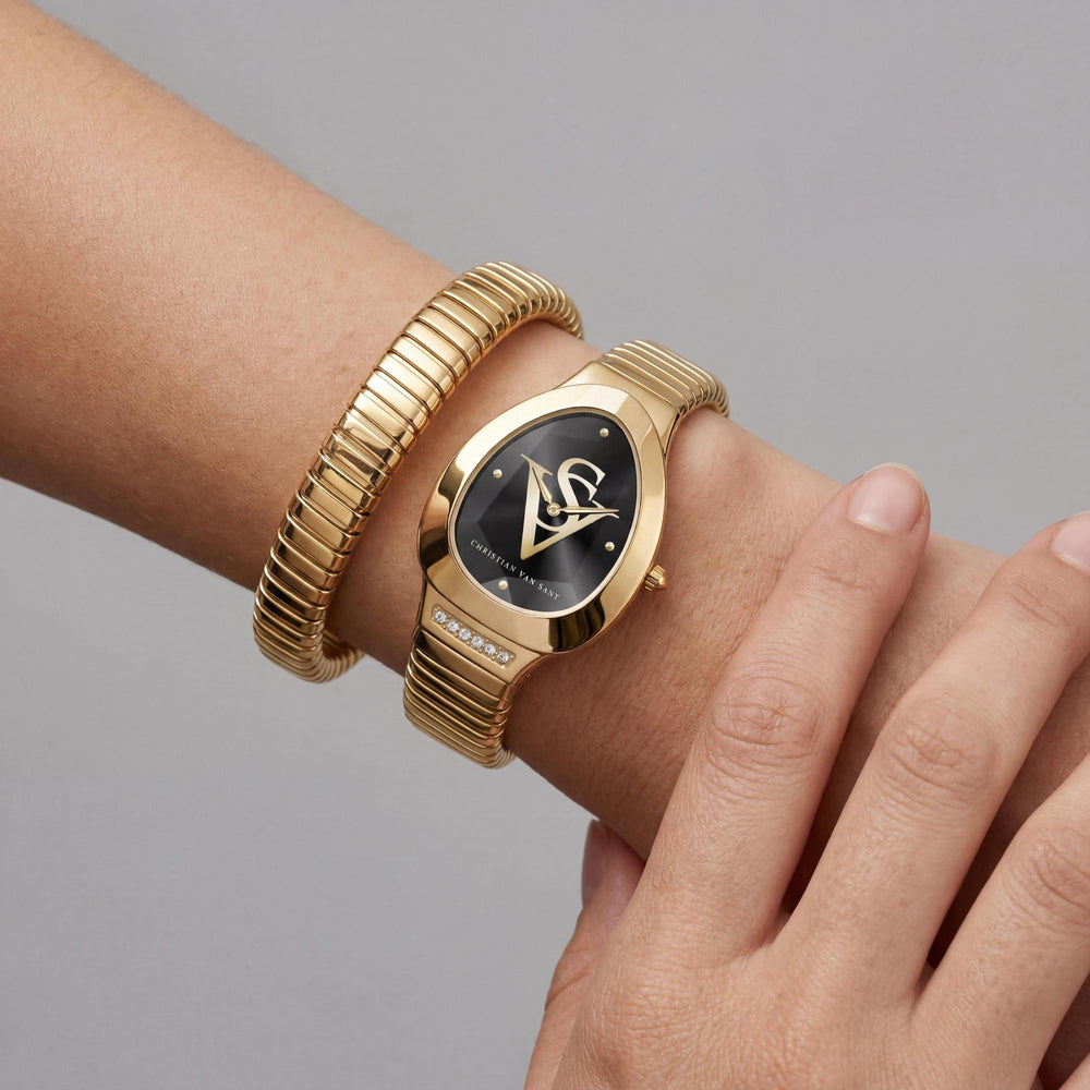Reloj Christian Van Sant para mujer, con pulsera y caja de acero inoxidable, esfera negra, cuarzo, resistente al agua hasta 3 ATM.