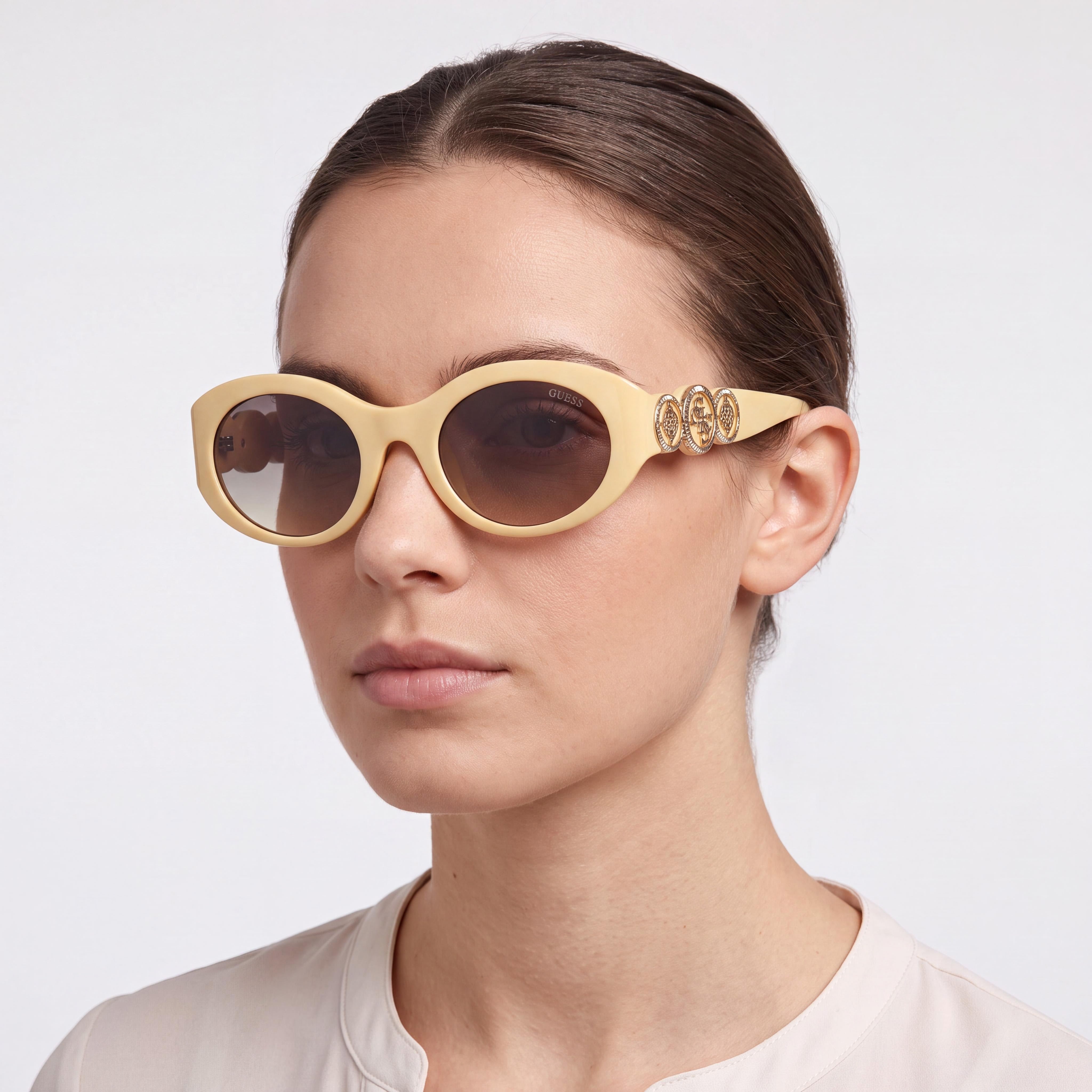 GUESS Women's Oval Peony Plastic Sunglasses, Shiny Light Yellow Frame, Gradient Smoke Lenses, Non-Polarized, 100% UV Protection, 53mm, Photo 5