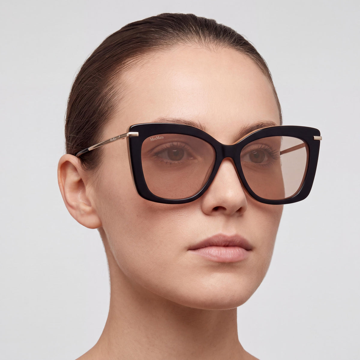 MaxMara Mm0101 Gafas de Mujer con Montura de Acetato Marrón Oscuro Brillante / Oro Pálido Brillante 55mm, Photo 4