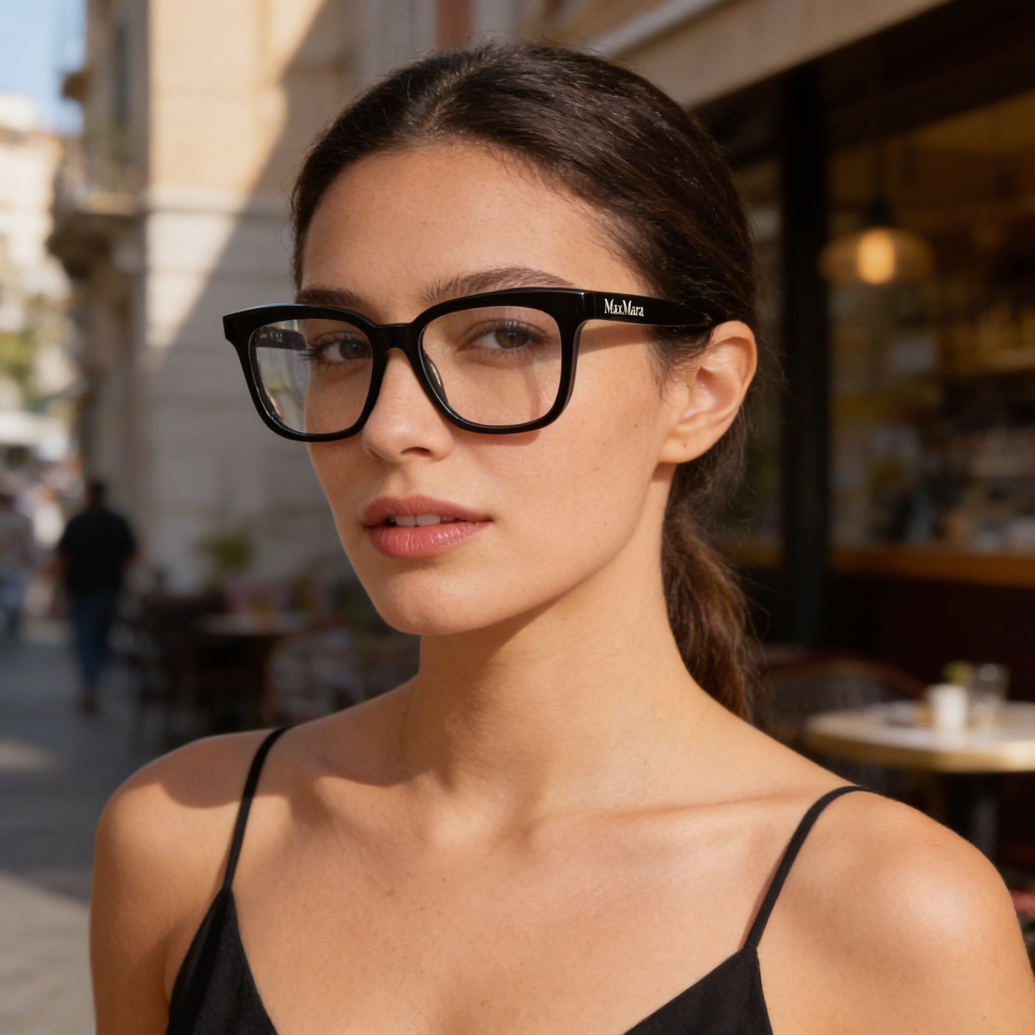 Gafas MaxMara modernas para mujer con montura de plástico negro brillante y lentes transparentes, talla 51-16-140, Photo 5