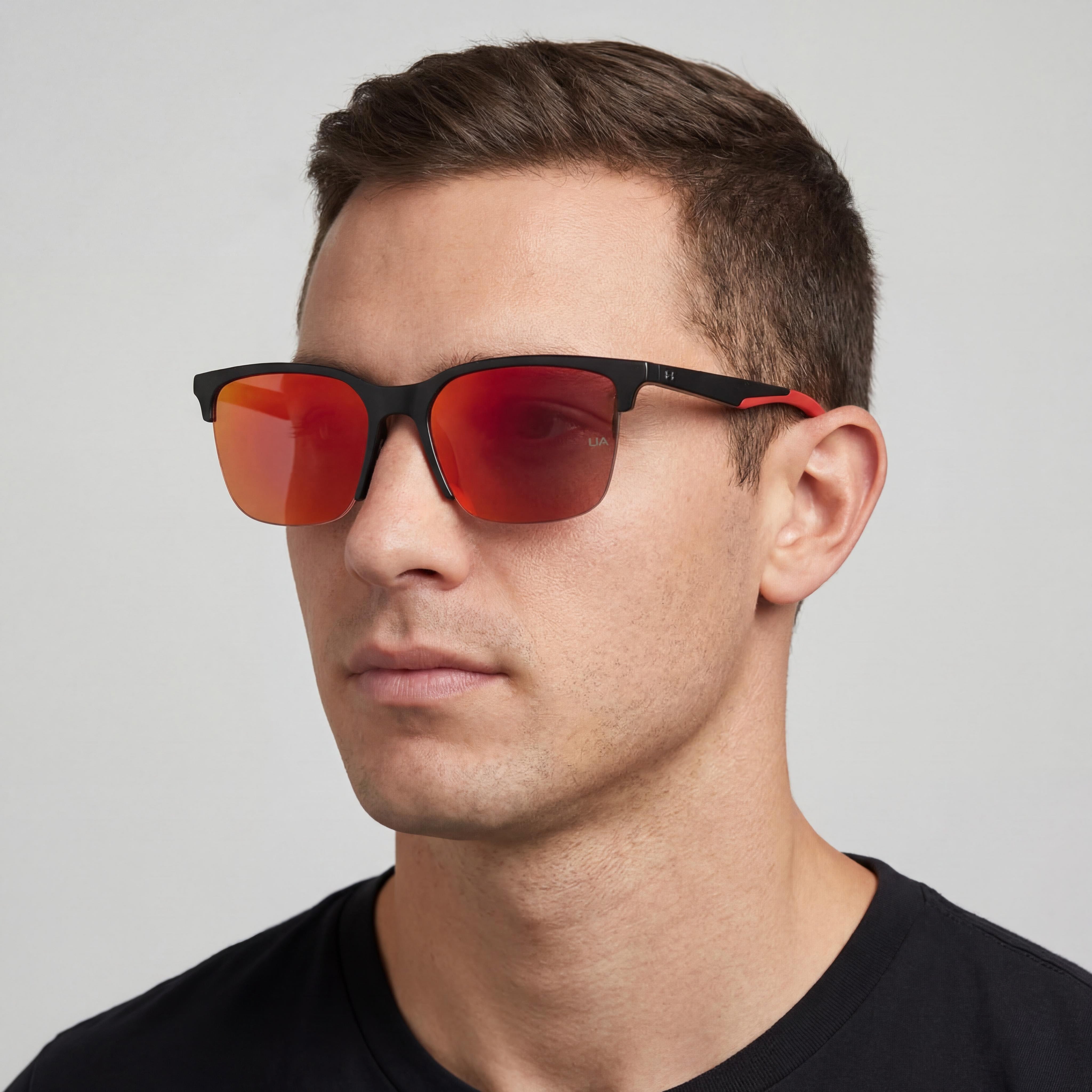 Under Armour Ua Phenom Men's Shiny Black Plastic Sunglasses, Red Multilayer Mirrored, UV Protected, Non-Polarized 55mm, Photo 4