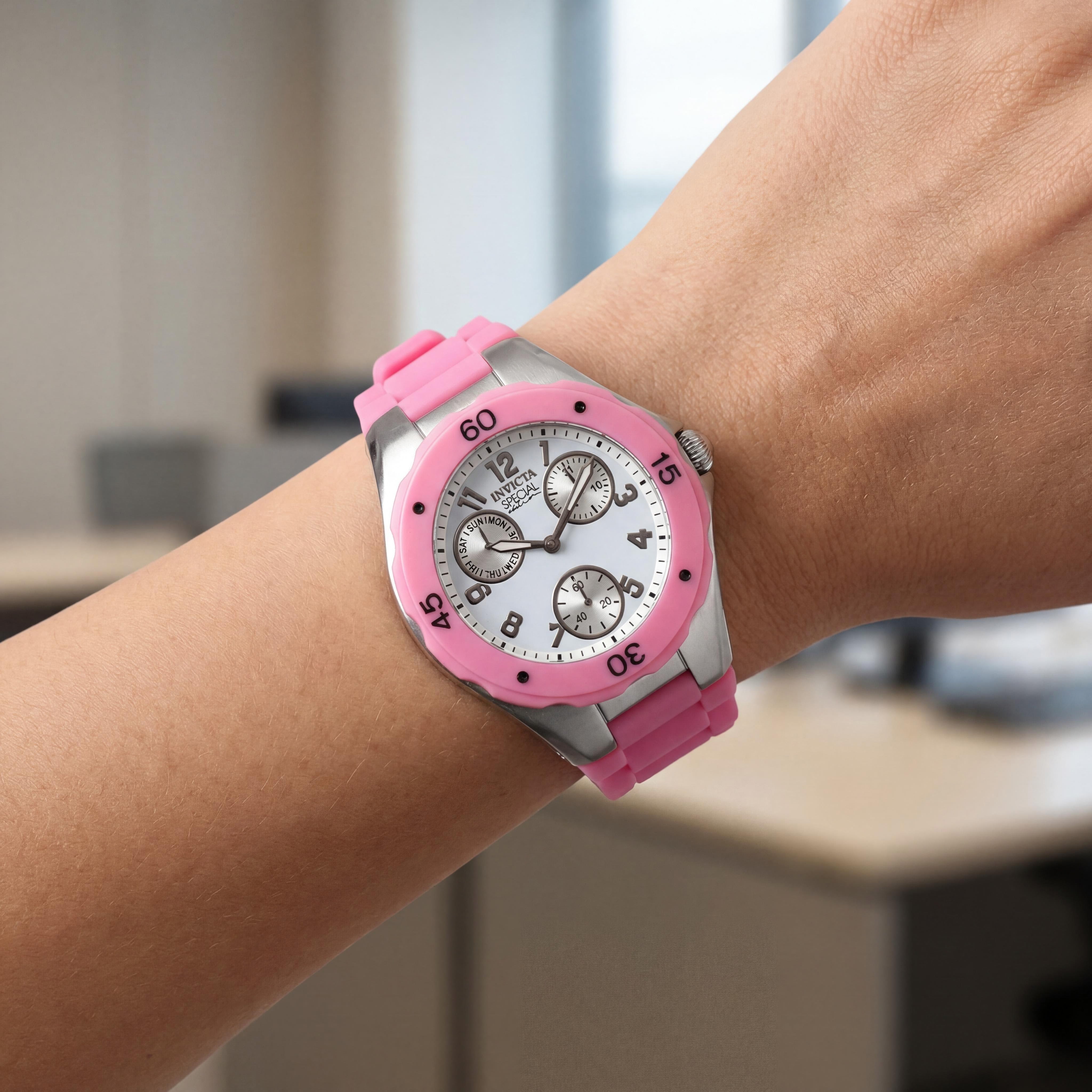 Invicta Angel Chronograph 18791 Women's Pink White Stainless Steel Case Silicone Strap 38mm Glow In The Dark Watch, Photo 4