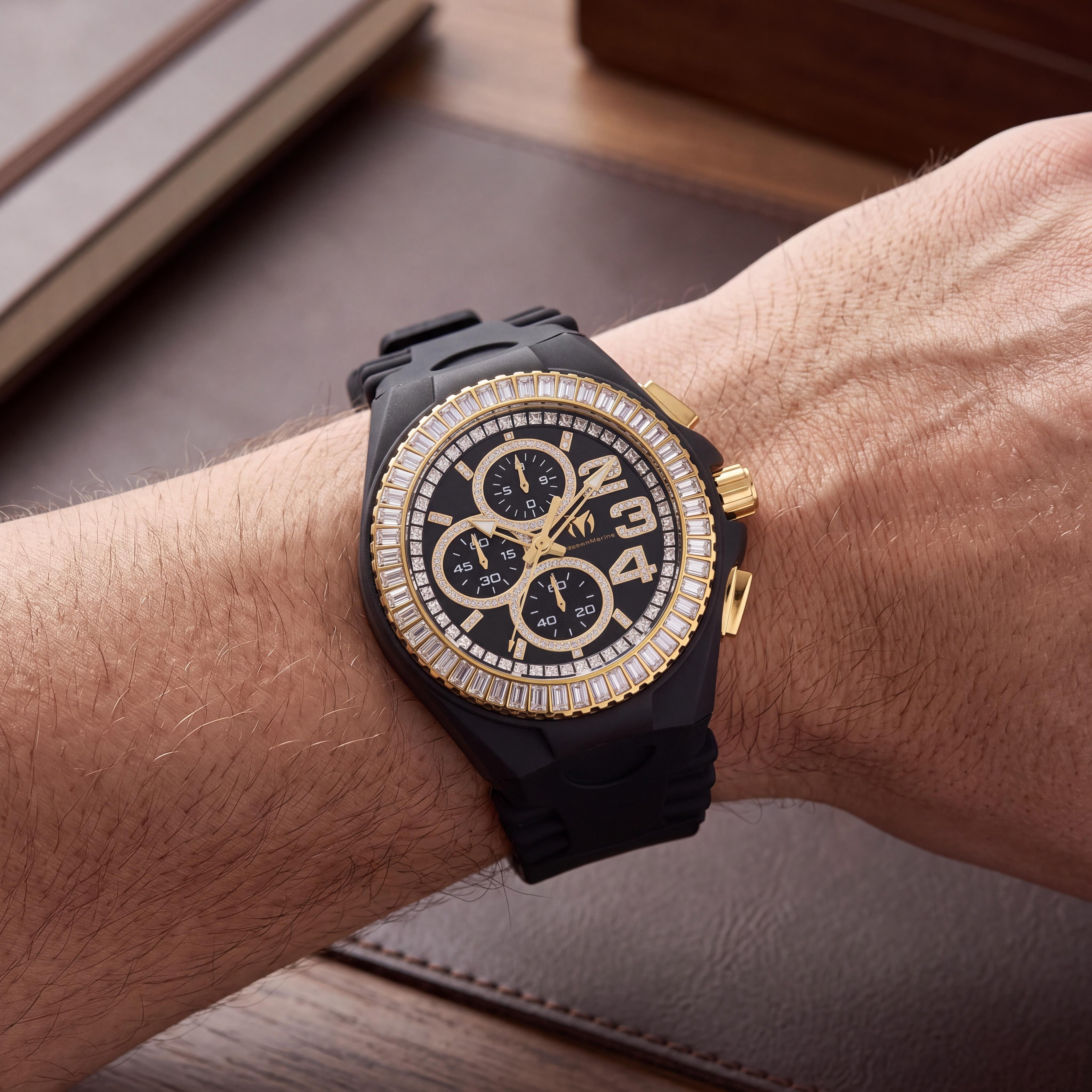 Technomarine TM-121187 Men's Chronograph Gold-tone Stainless Steel Black Silicone Band 45mm Quartz 200M Water Resistant Watch, Photo 3