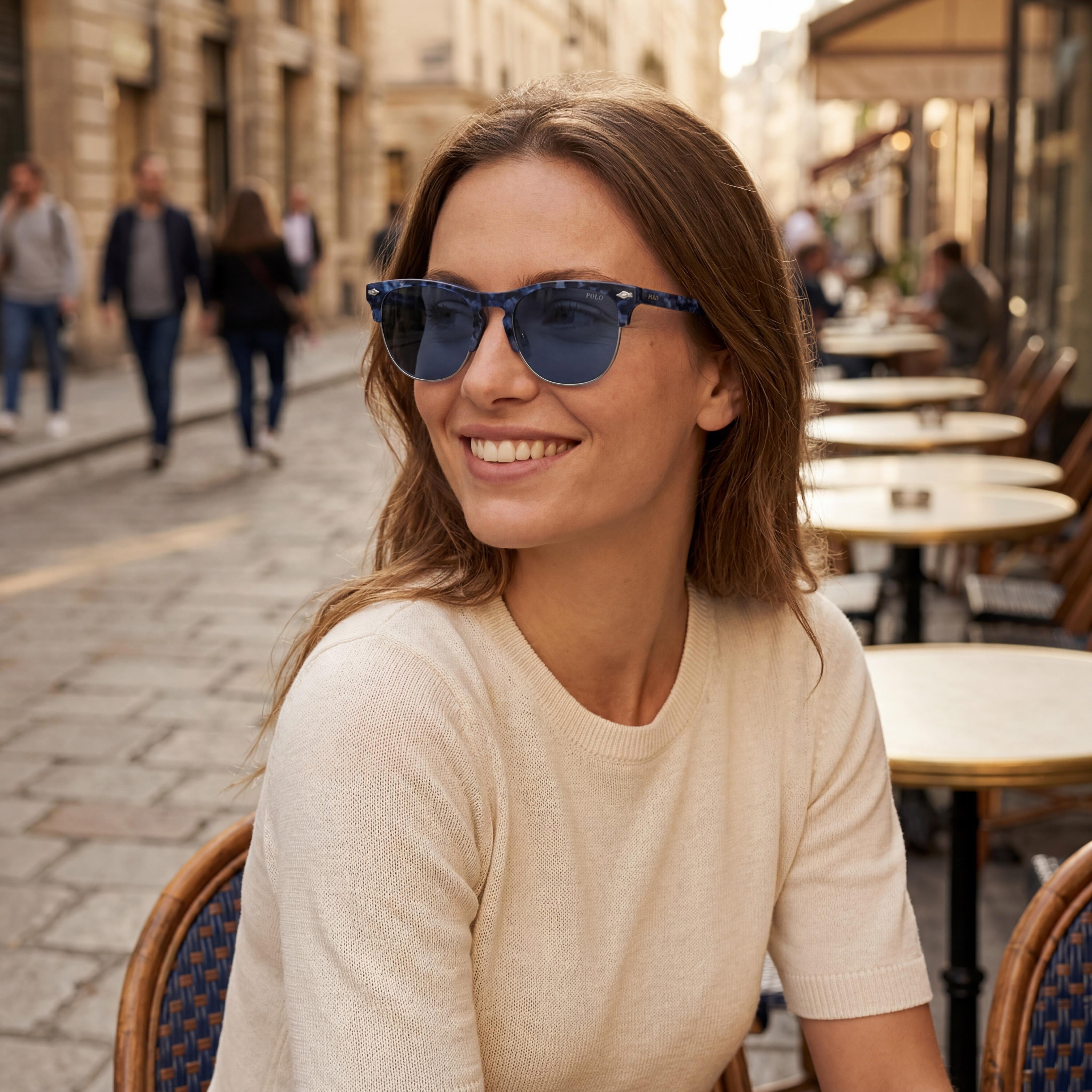 POLO RALPH LAUREN Ph4213 Gafas de sol de plástico azul brillante Habana para mujer con lentes azul oscuro, protección UV, 54 mm, Photo 6