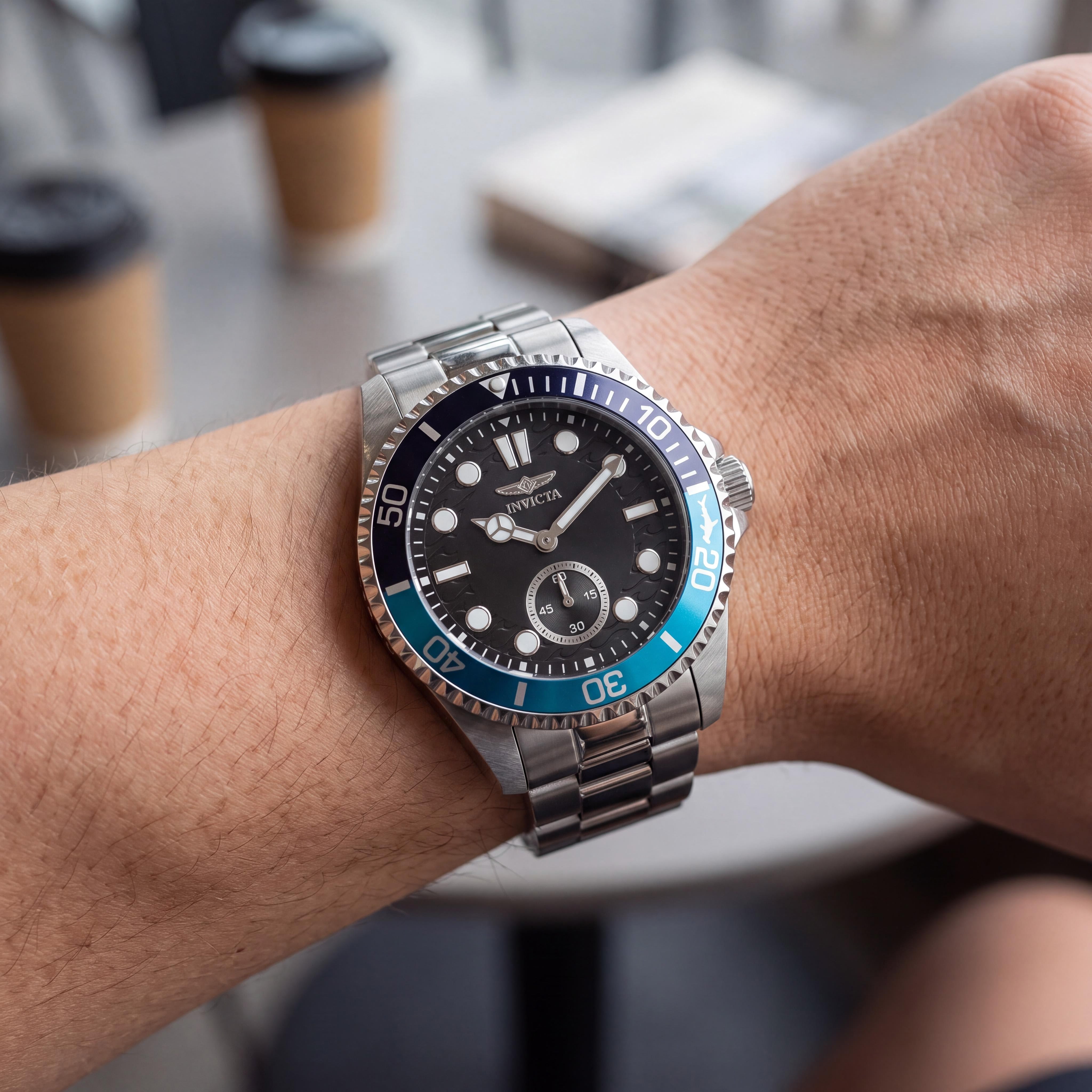 Invicta Pro Diver 49437 Men's Silver Stainless Steel Black Dial Quartz Bracelet Watch 43mm 10 ATM Water Resistant, Photo 4