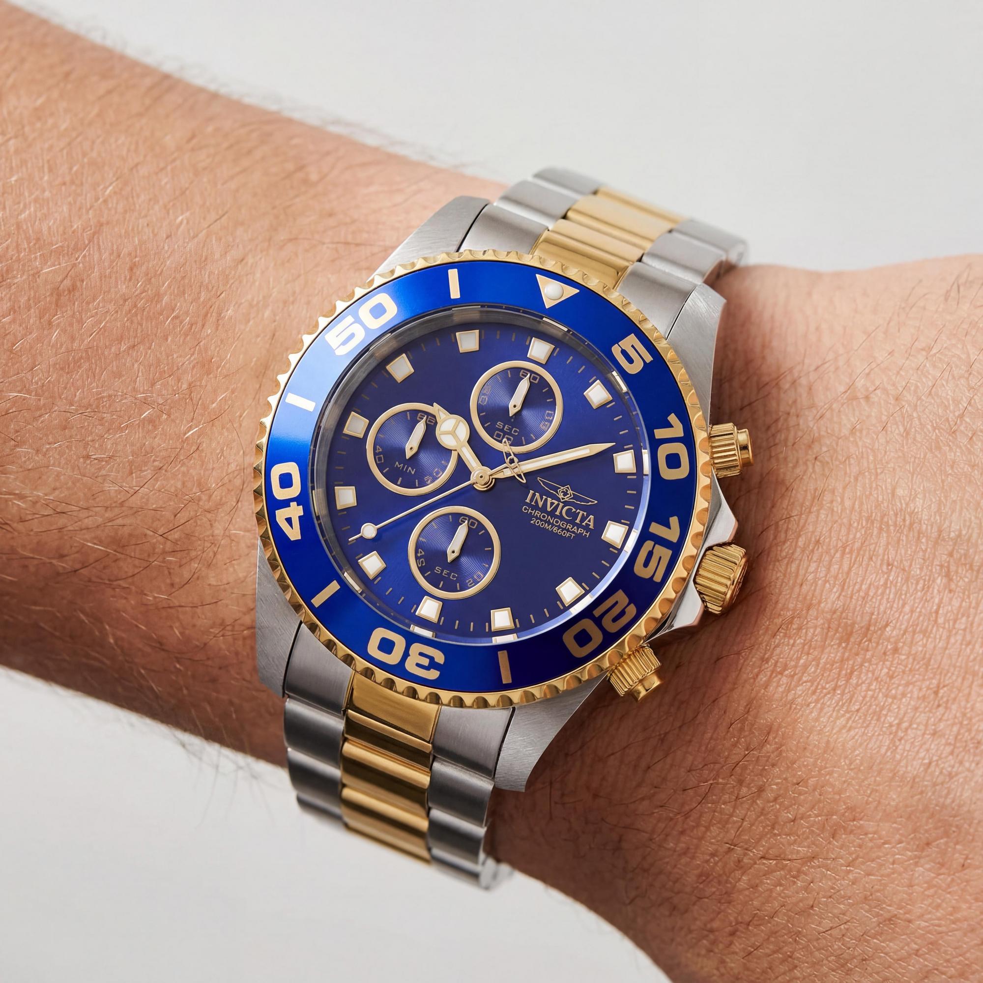Invicta Men's Diver Chronograph Two-Tone Blue 43mm Quartz 200m Water Resistant Watch with Flame Fusion Crystal & Uni-Directional Bezel, Photo 3