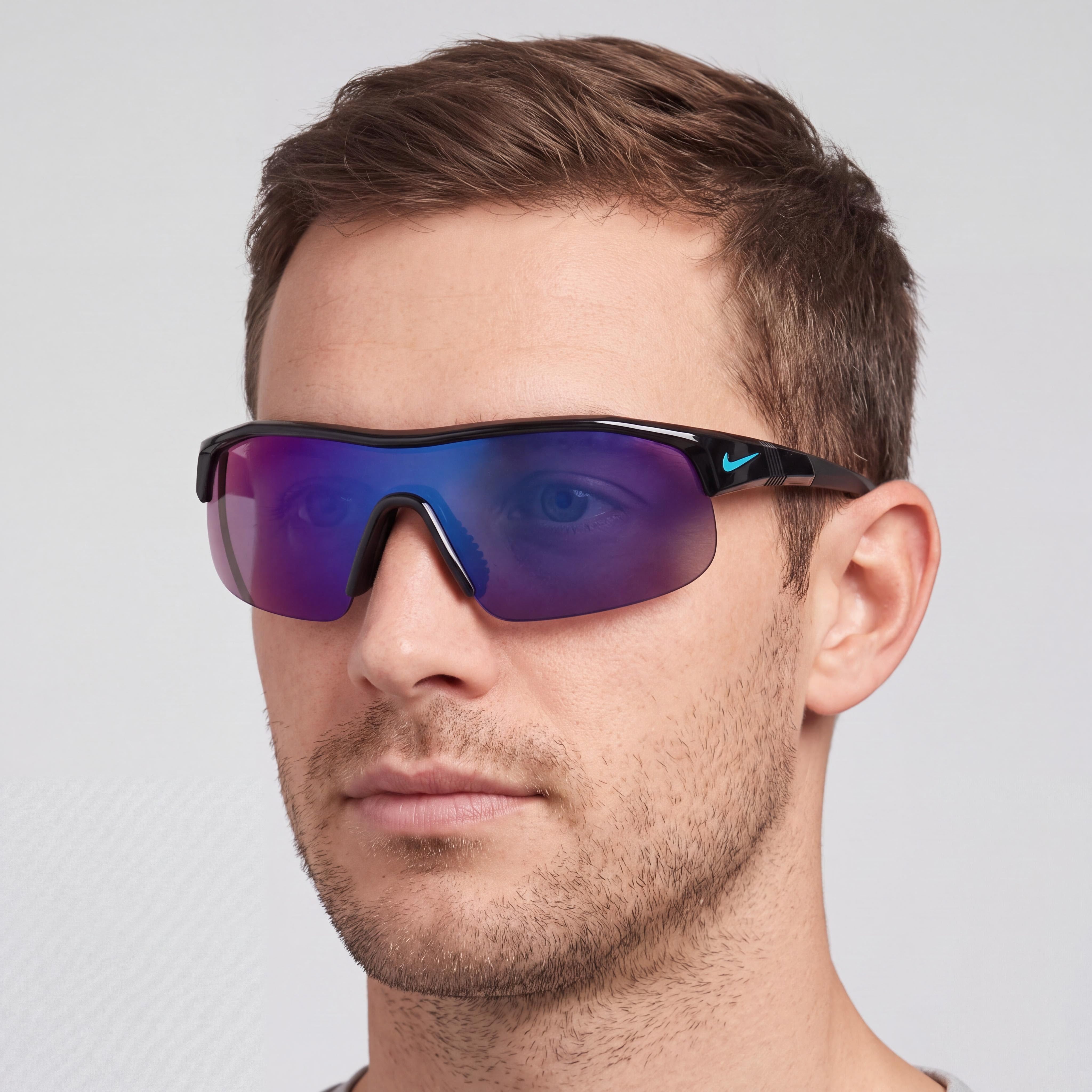 Nike SHOW X1 DX6520 010 Men's Sunglasses, Black Plastic Frame with Vented Nose Bridge, Blue Mirror UV Protected Non-Polarized Lenses, Photo 4