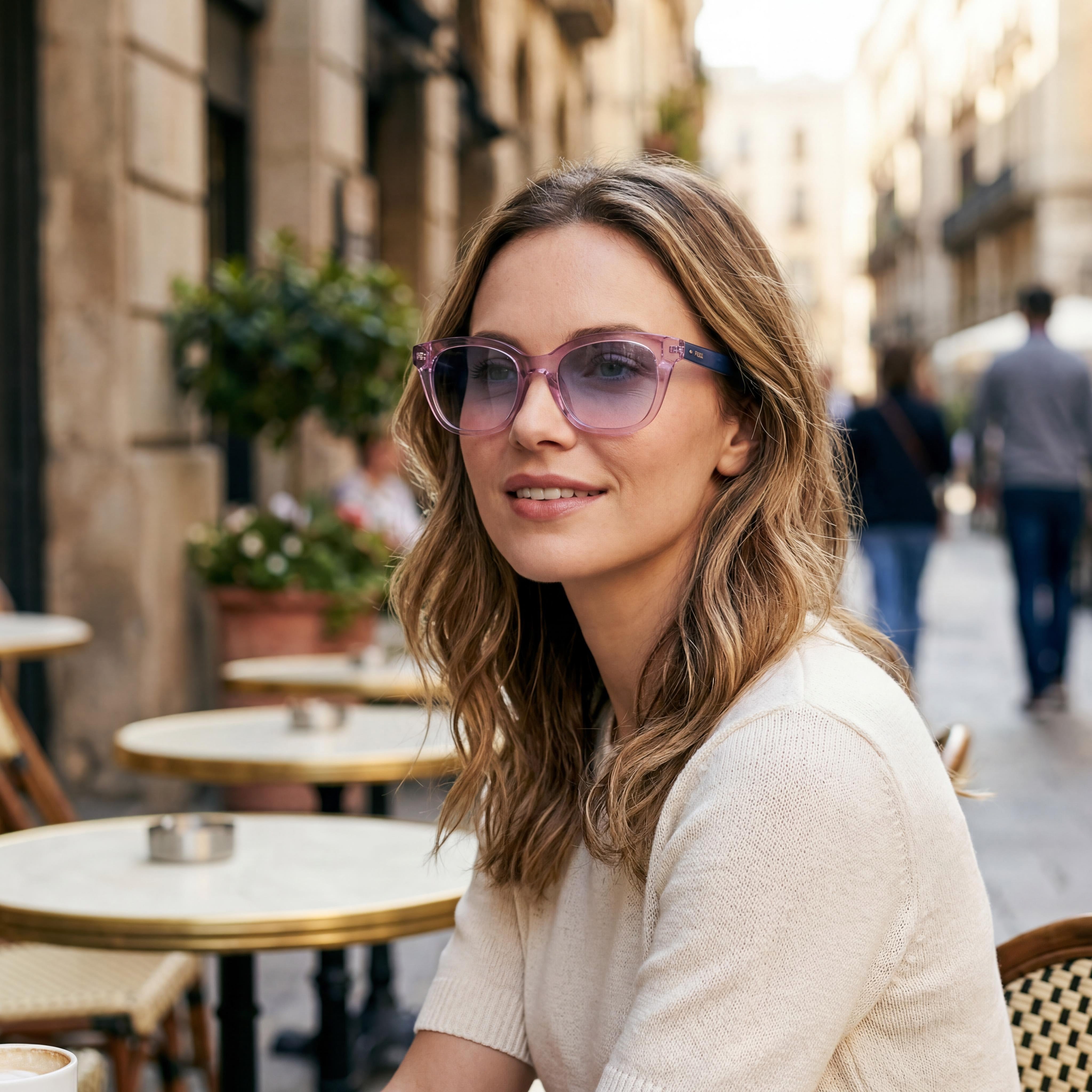 Gafas de sol Fossil casuales para mujer, de poliamida ecológica color lila con protección UV y lentes dobles degradadas en azul y melocotón de 51 mm, Photo 5