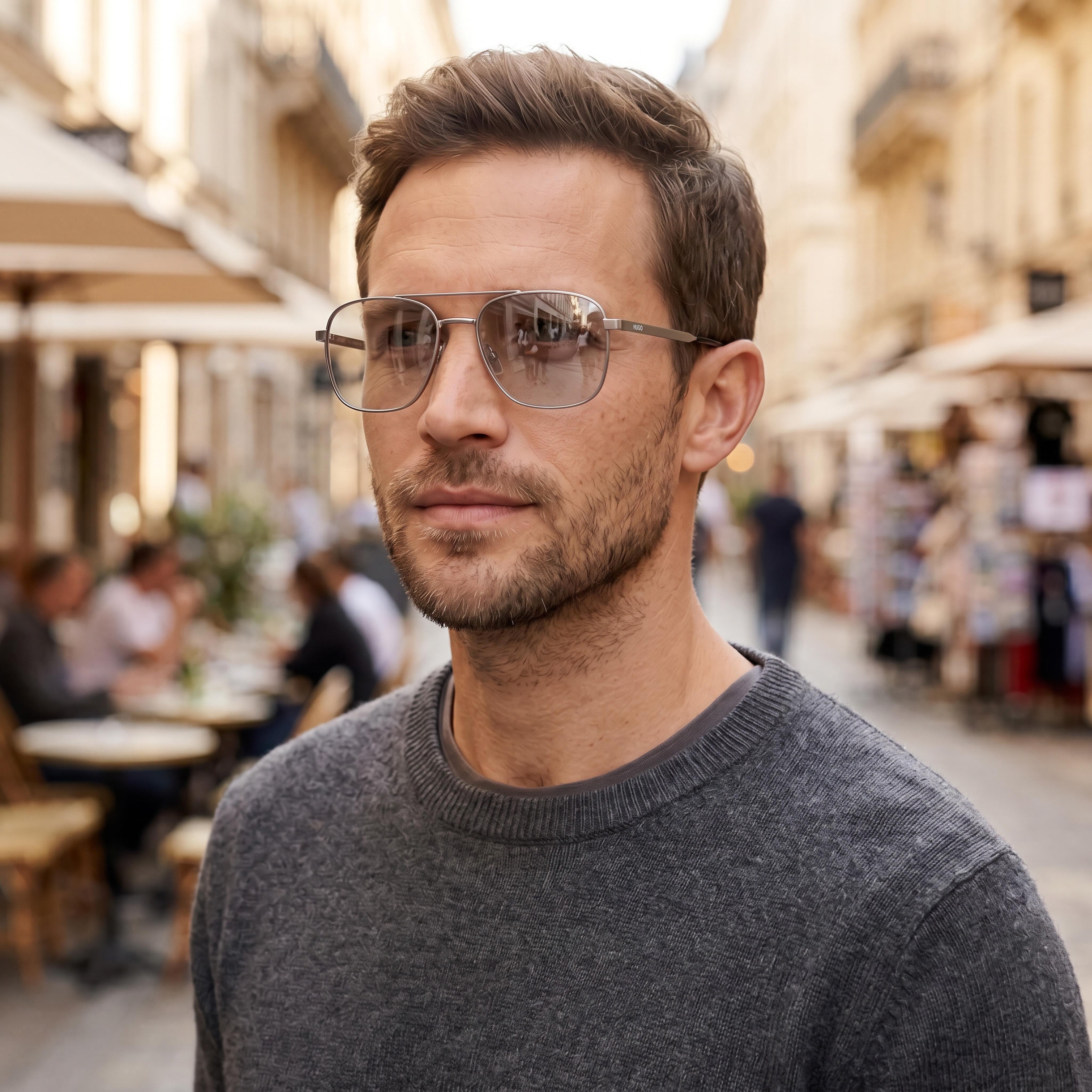 HUGO Square Double Bridge Men's Stainless Steel Ruthenium Eyeglasses Clear Demo Lenses 55-19-145, Photo 5