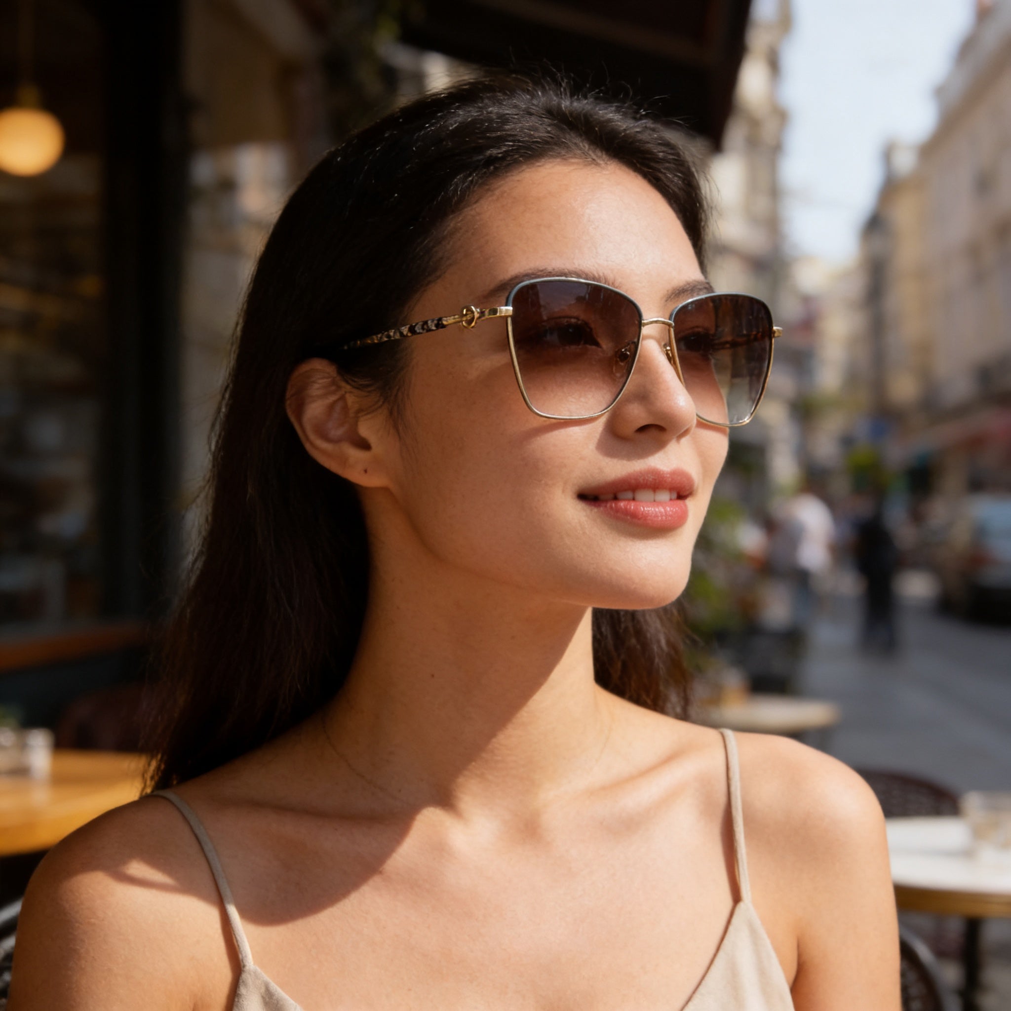 Gafas de sol Longchamp LO153S para mujer, cuadradas, de metal dorado y azul, con degradado marrón, sin polarizar, con protección UV 100 %, 59 mm, Photo 6