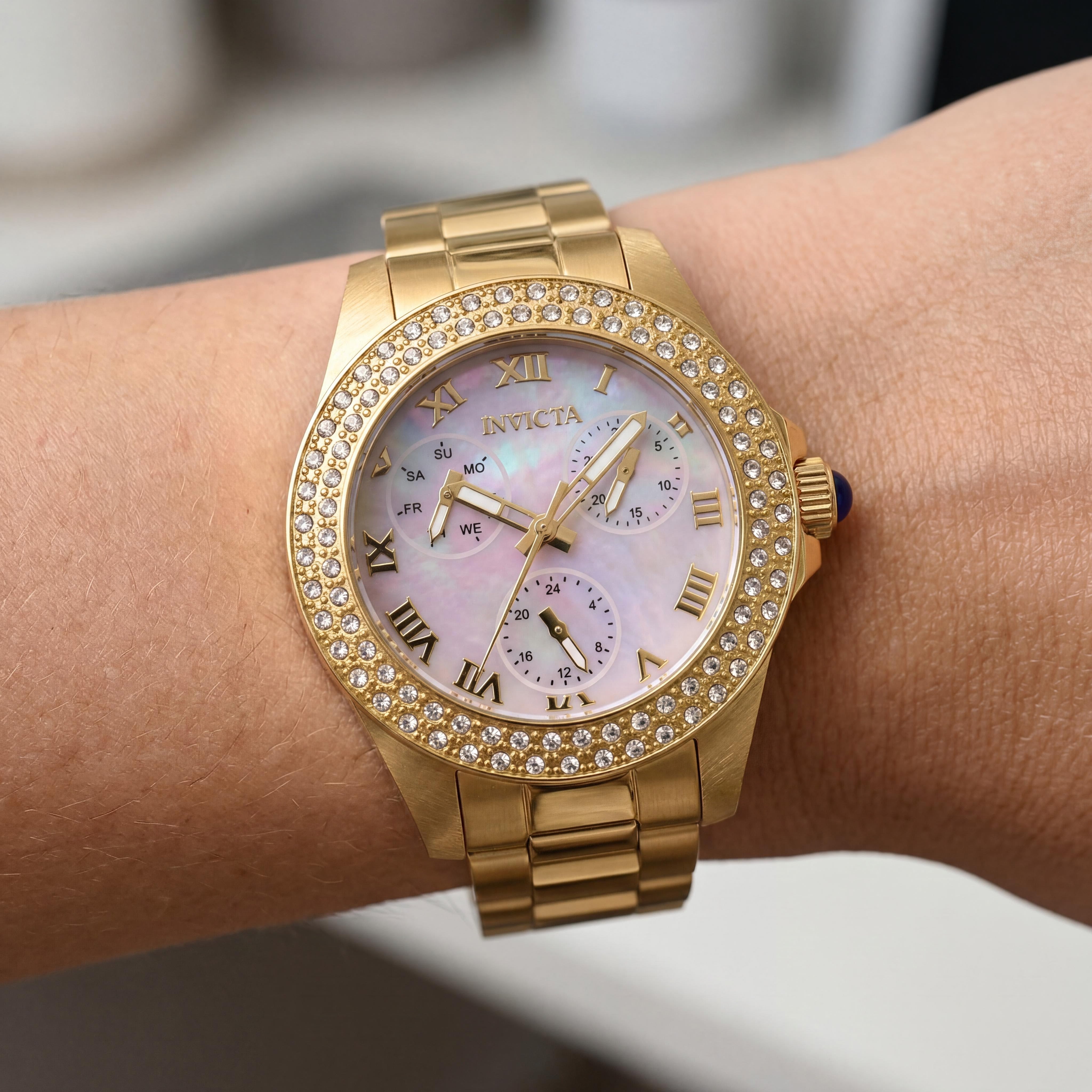 Reloj Invicta Angel de cuarzo 28481 para mujer, acero inoxidable dorado, esfera de nácar, cronógrafo, luminoso, 34 mm, Photo 4