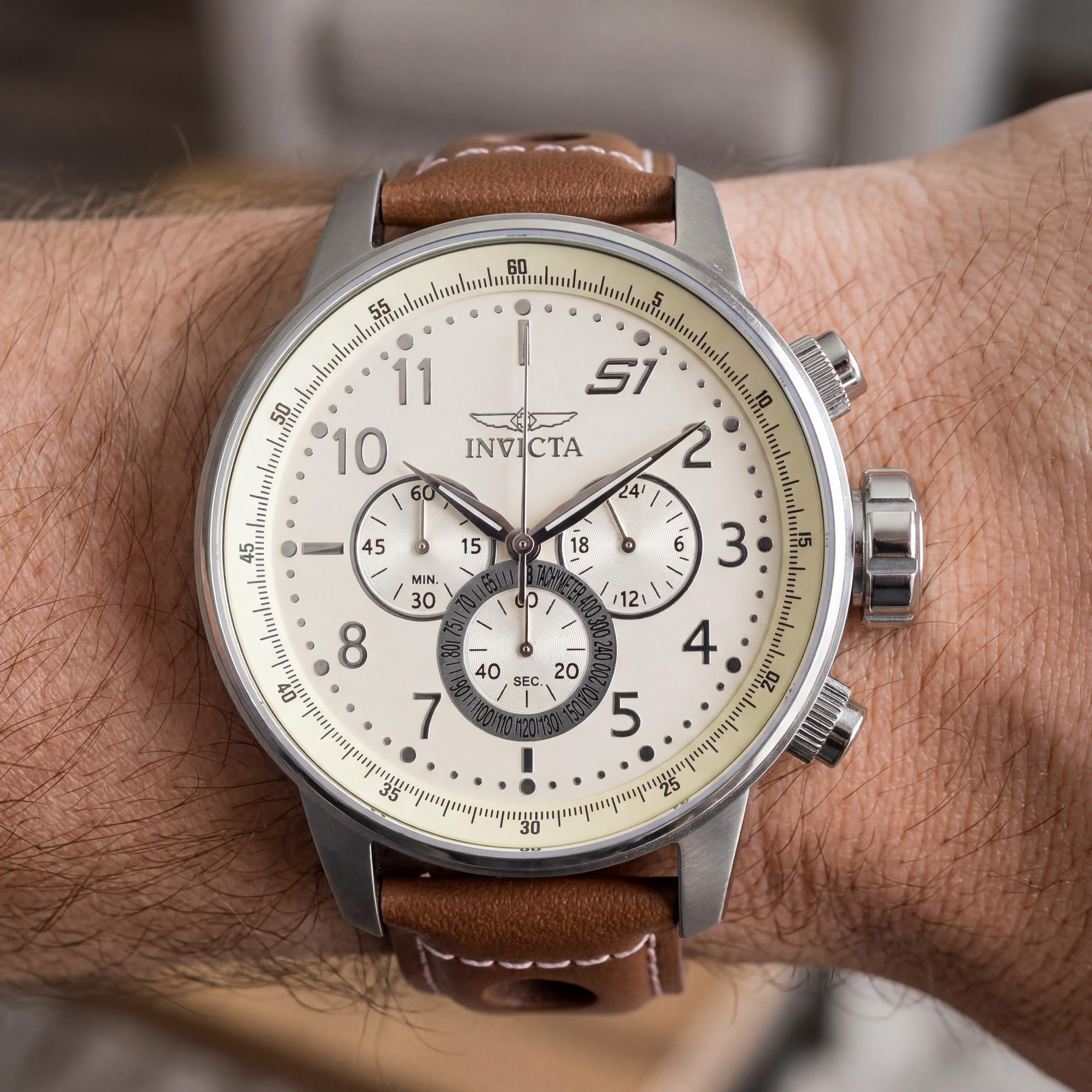 Invicta S1 Rally 25724 Men's Silver-tone Stainless Steel Ivory Dial Brown Leather Strap Tachymeter Watch 48mm, Photo 4