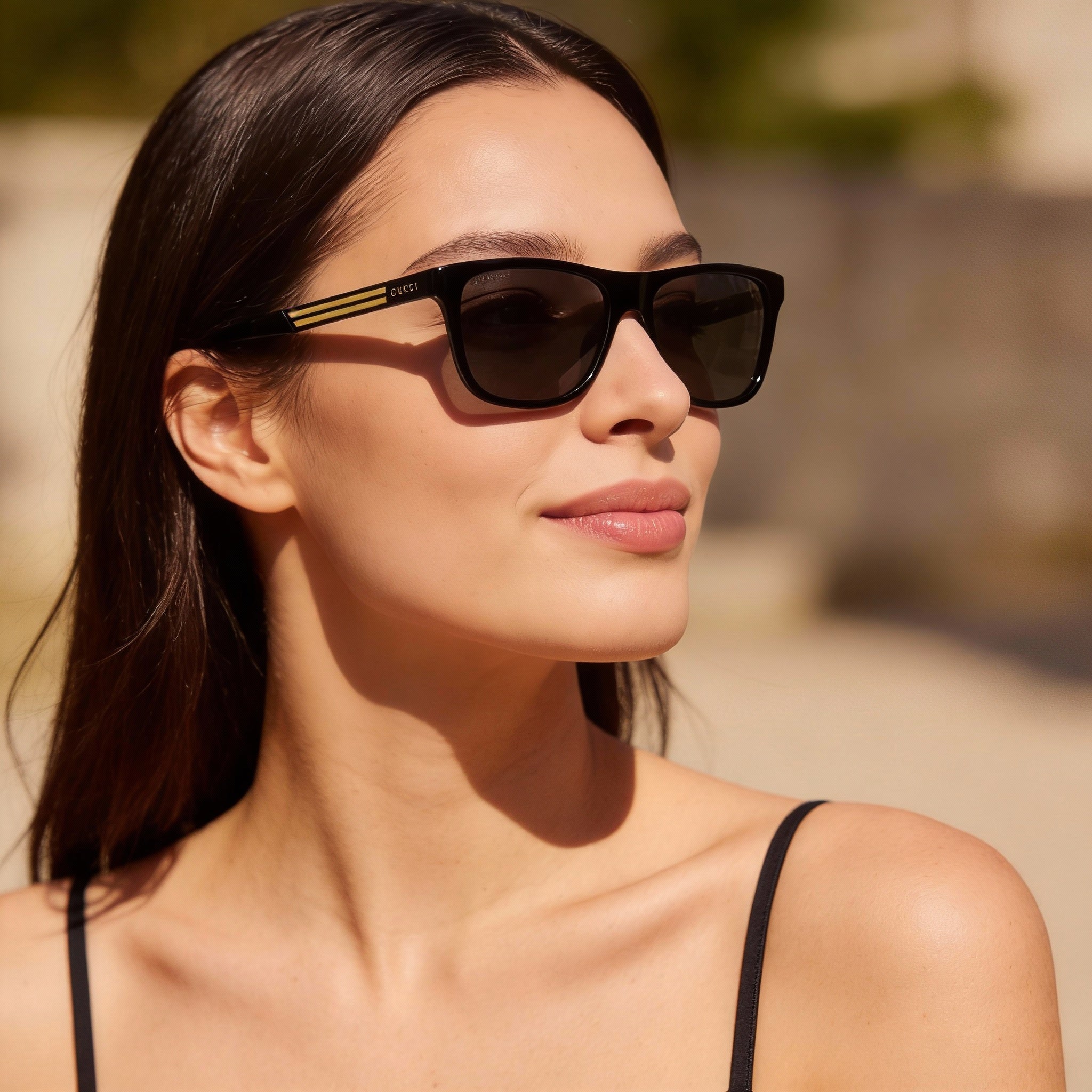 Gafas de sol Gucci con logotipo de Gucci para mujer, cuadradas, negras, de plástico, con lentes gris oscuro y protección UV, 57 mm, Photo 3