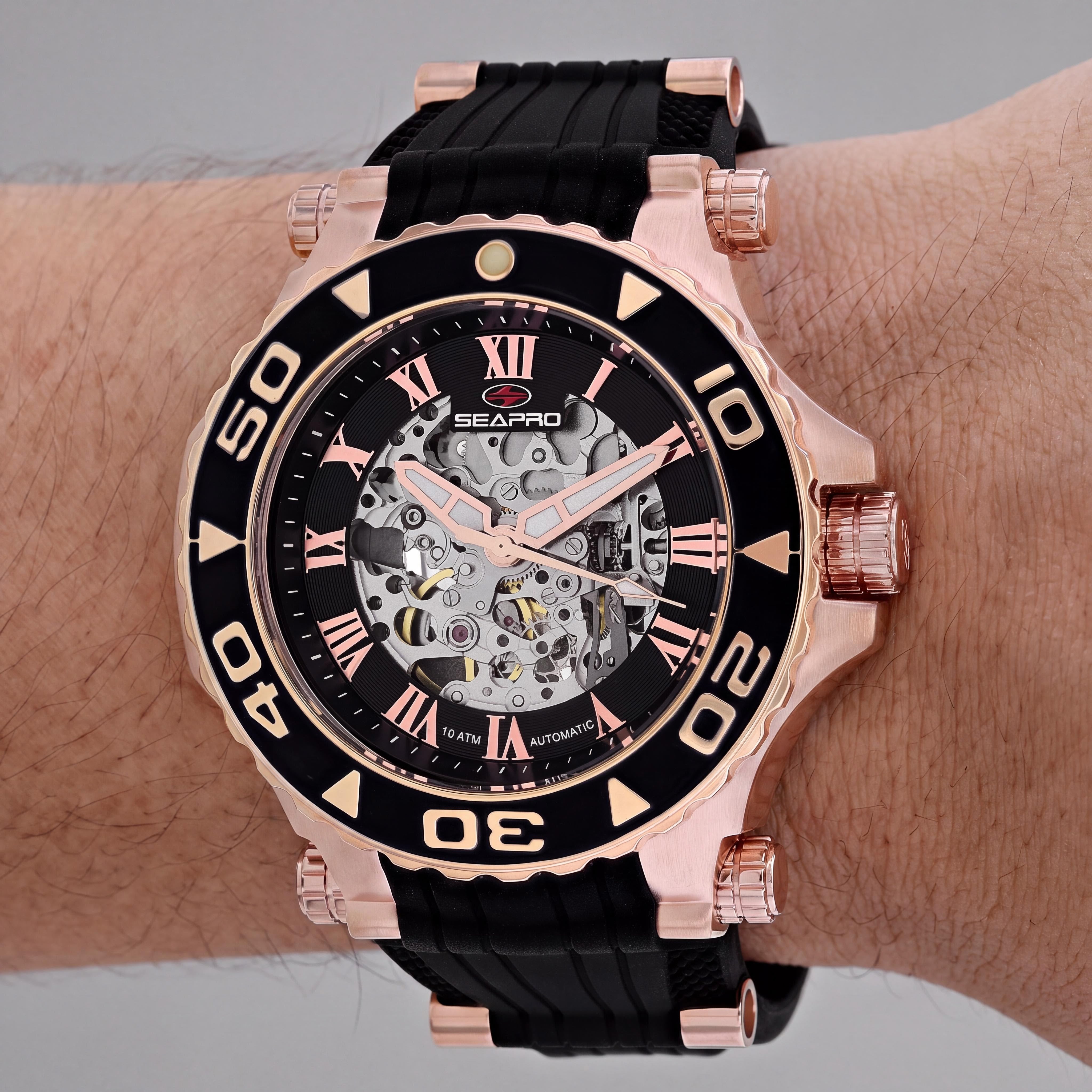 Reloj Seapro Modern para hombre, automático, resistente al agua, de acero inoxidable, con esfera negra y correa de caucho., Photo 3