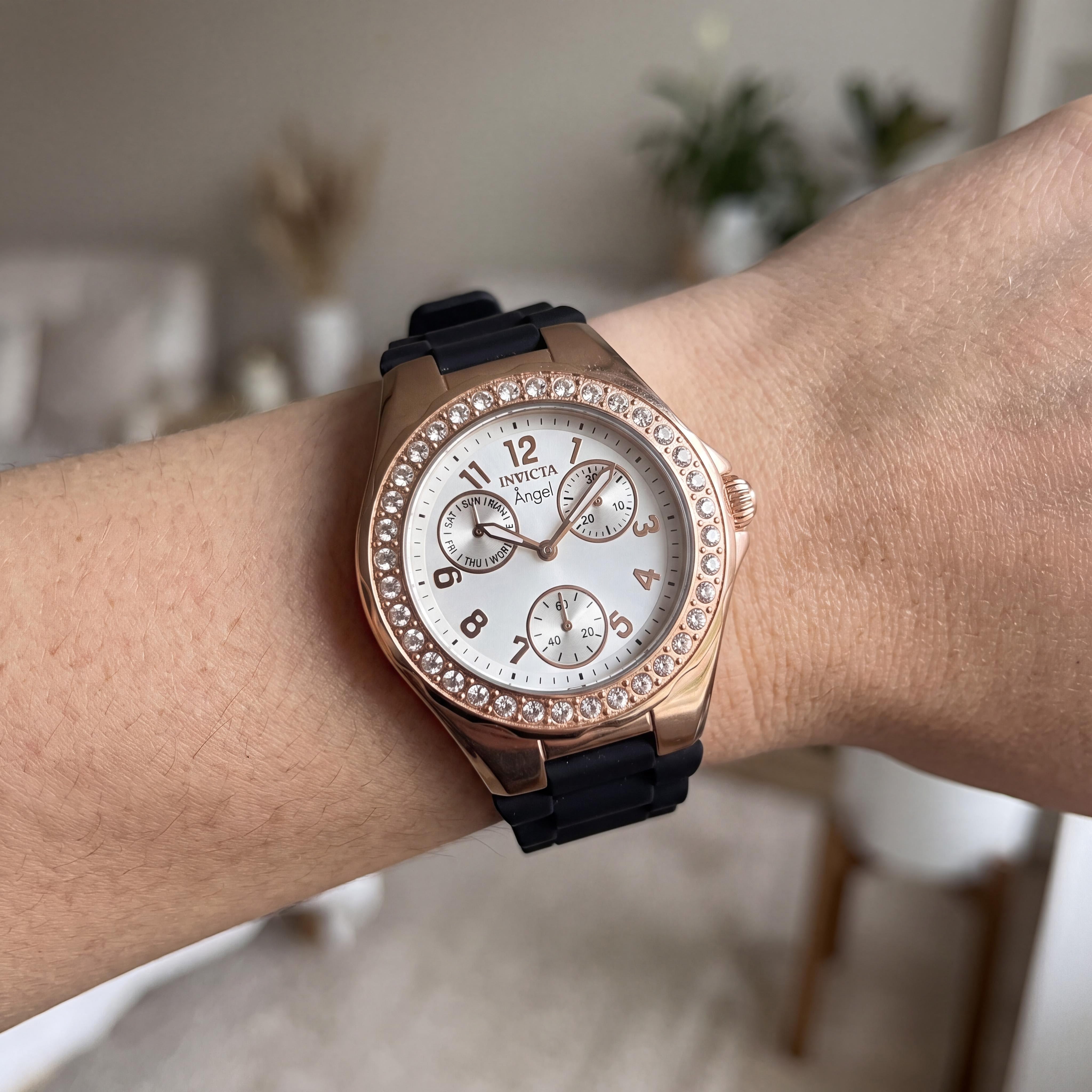 Reloj Invicta para mujer con brazalete de acero inoxidable chapado en oro rosa, silicona negra, esfera blanca luminosa, 38 mm, Photo 4