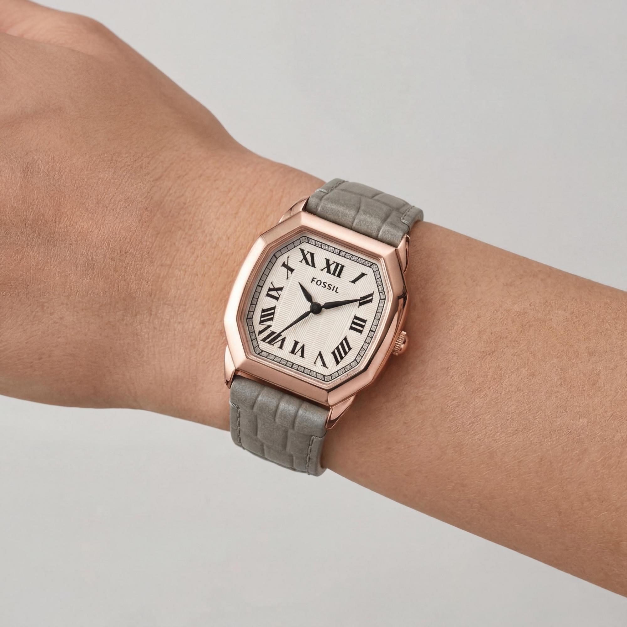 FOSSIL Strap Women's 27mm Rose Gold Stainless Steel Octagonal Case with Textured Dial and Gray Croco Leather Strap Watch, Photo 3