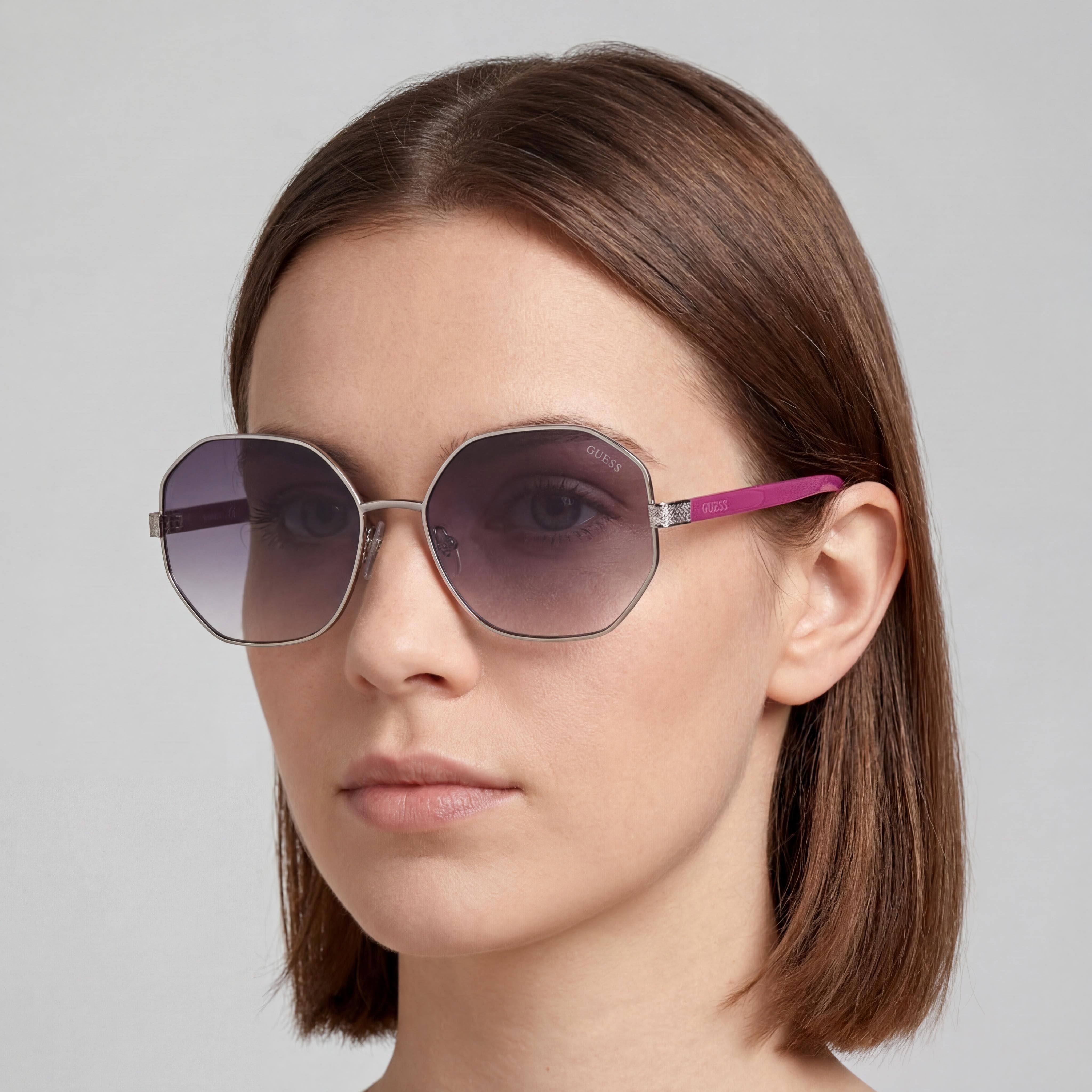 GUESS Modern Women's Light Nickeltin Metal Frame Sunglasses with Gradient Smoke Lenses and 100% UV Protection, 58mm Lens Width, Photo 5