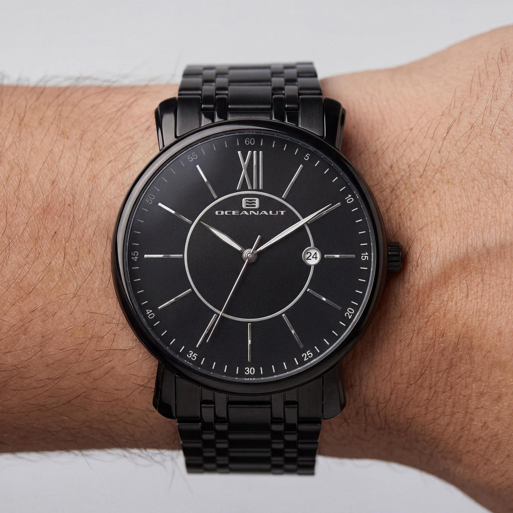 Reloj Oceanaut para hombre con esfera negra, caja y pulsera de acero inoxidable, movimiento de cuarzo, resistente al agua.