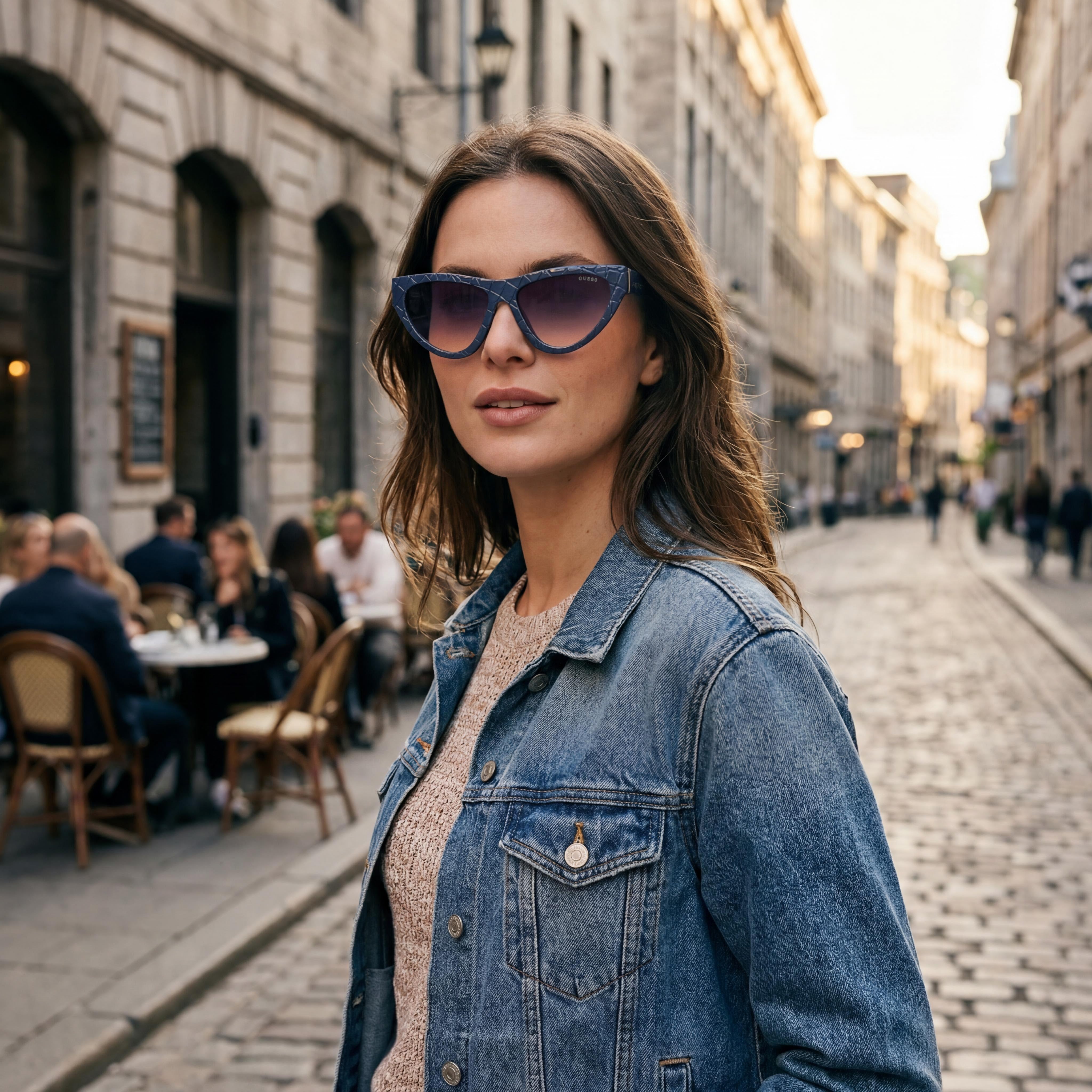 Gafas de sol GUESS modernas para mujer, montura de ojo de gato de plástico azul claro, protección UV, de policarbonato degradado humo, Photo 6