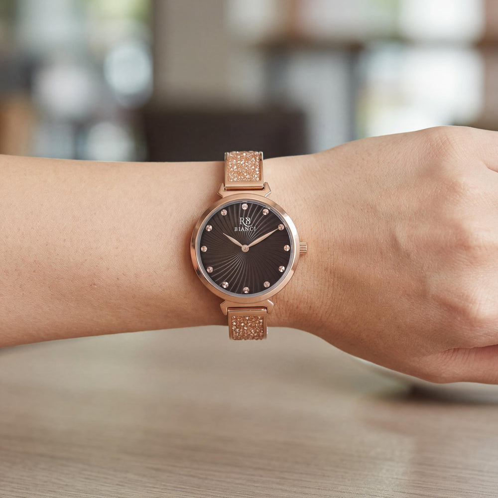 Reloj de pulsera Roberto Bianci RB0207 para mujer, caja y brazalete de acero inoxidable, esfera marrón, movimiento de cuarzo, resistente al agua 30M