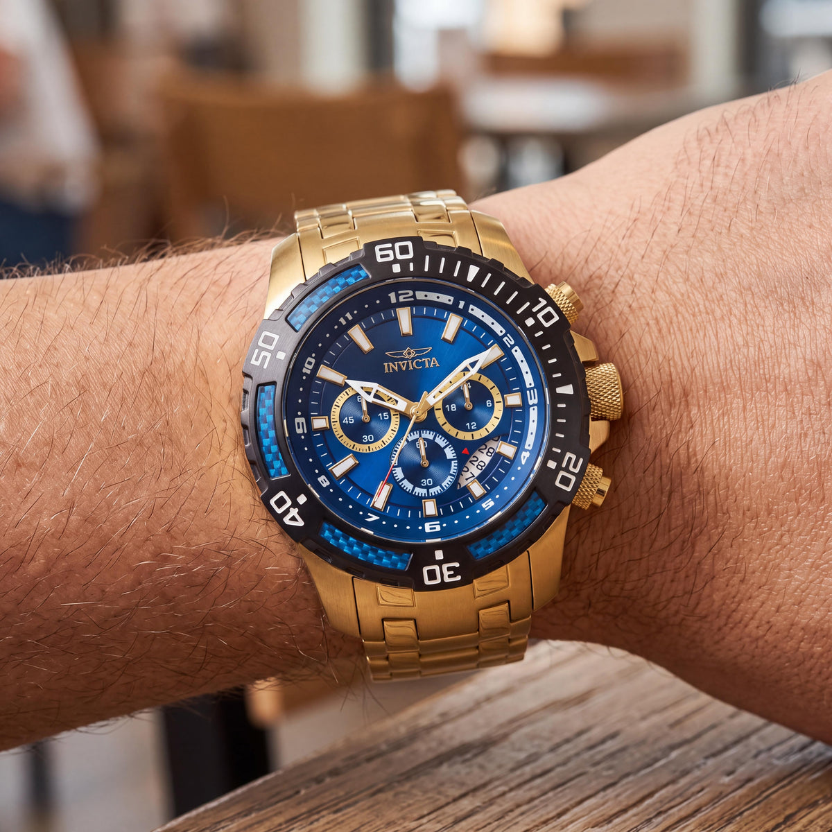 Invicta Pro Diver 24856 Reloj Cronógrafo de Pulsera para Hombre de Acero Inoxidable Tono Dorado con Esfera Azul 51mm, Photo 4