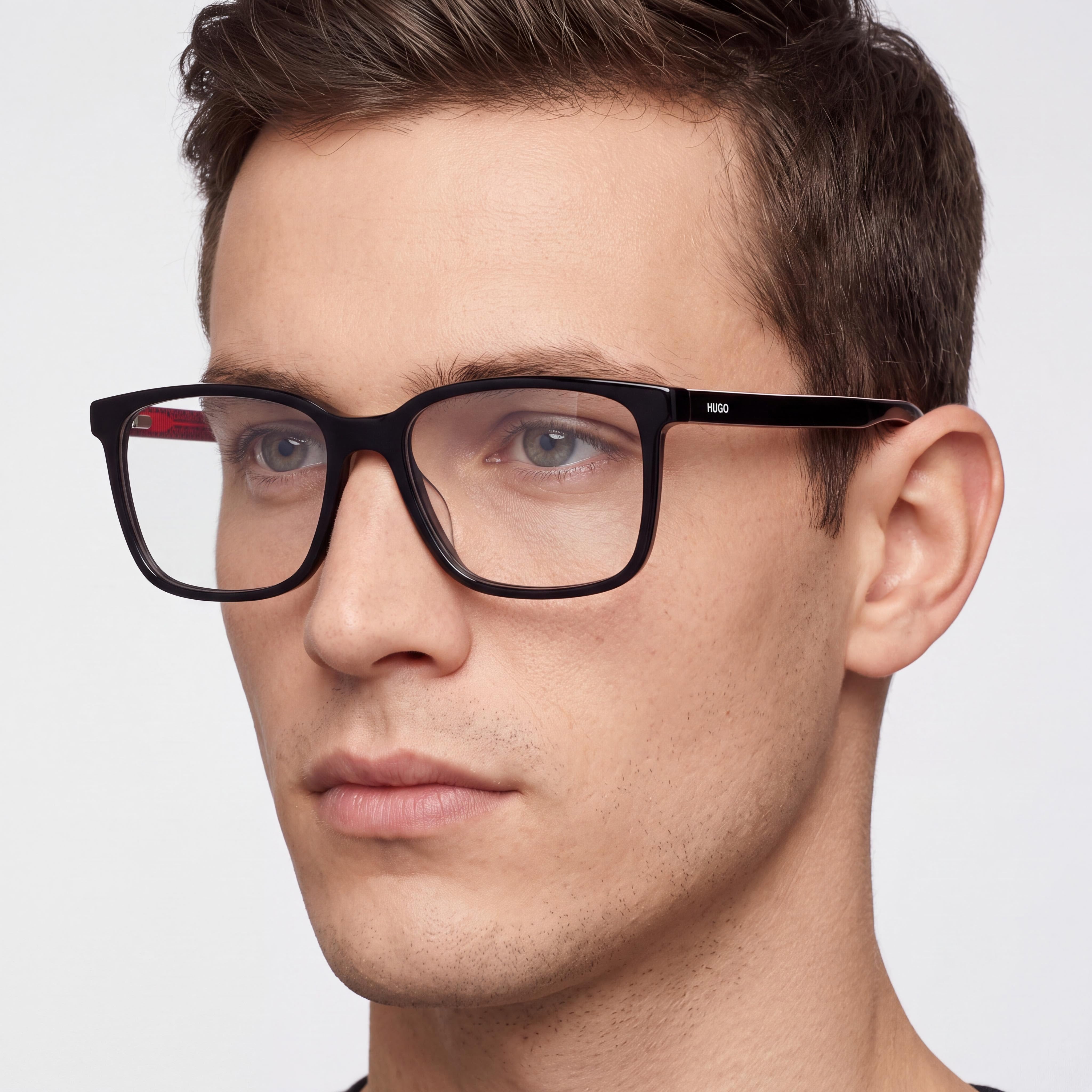 HUGO Rectangular Square Unisex Acetate Eyewear Shiny Black Transparent Red 54-16-145mm, Photo 5