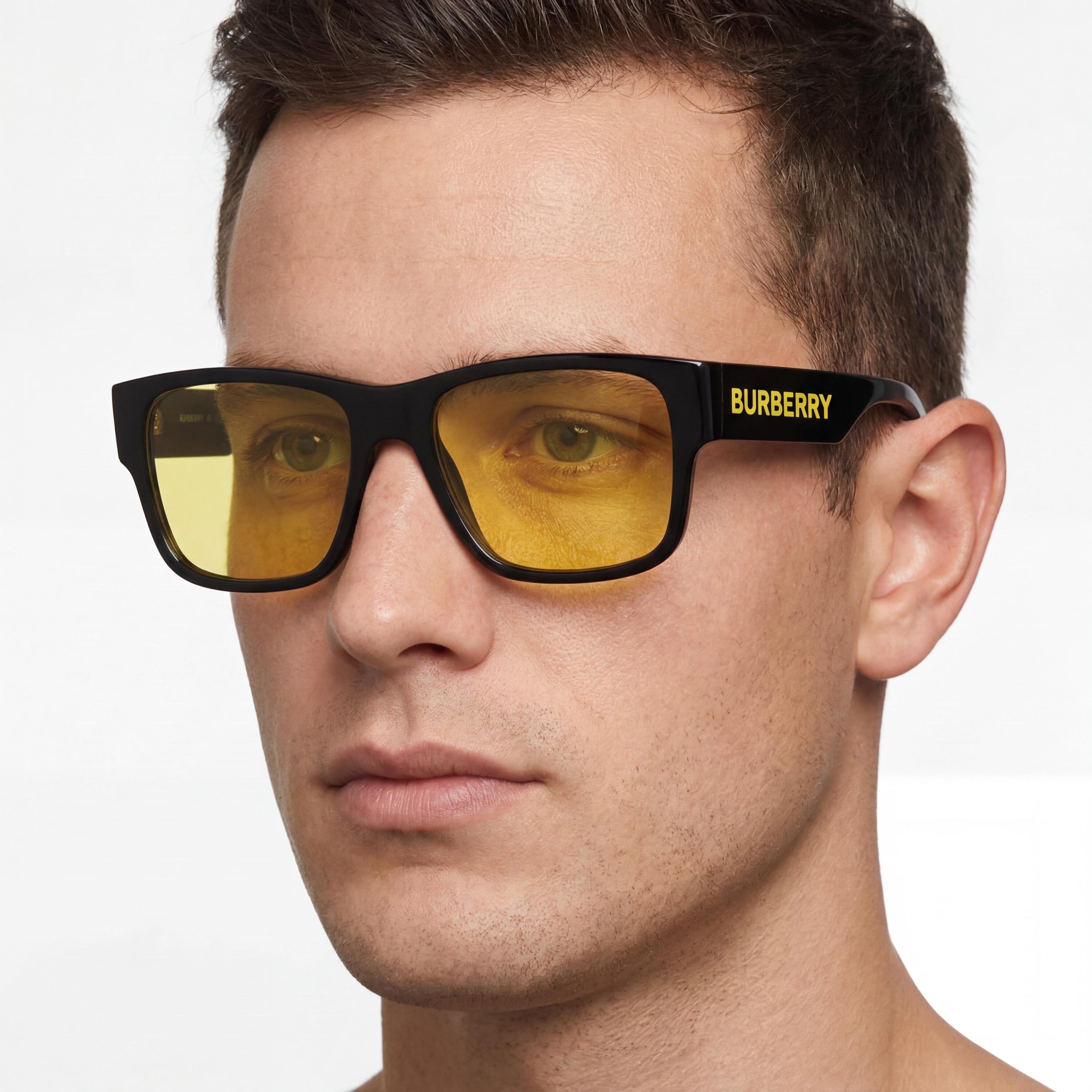 BURBERRY Knight Geometric Men's Black Propionate Frame Yellow UV Protection Lenses 57mm Sunglasses, Photo 4